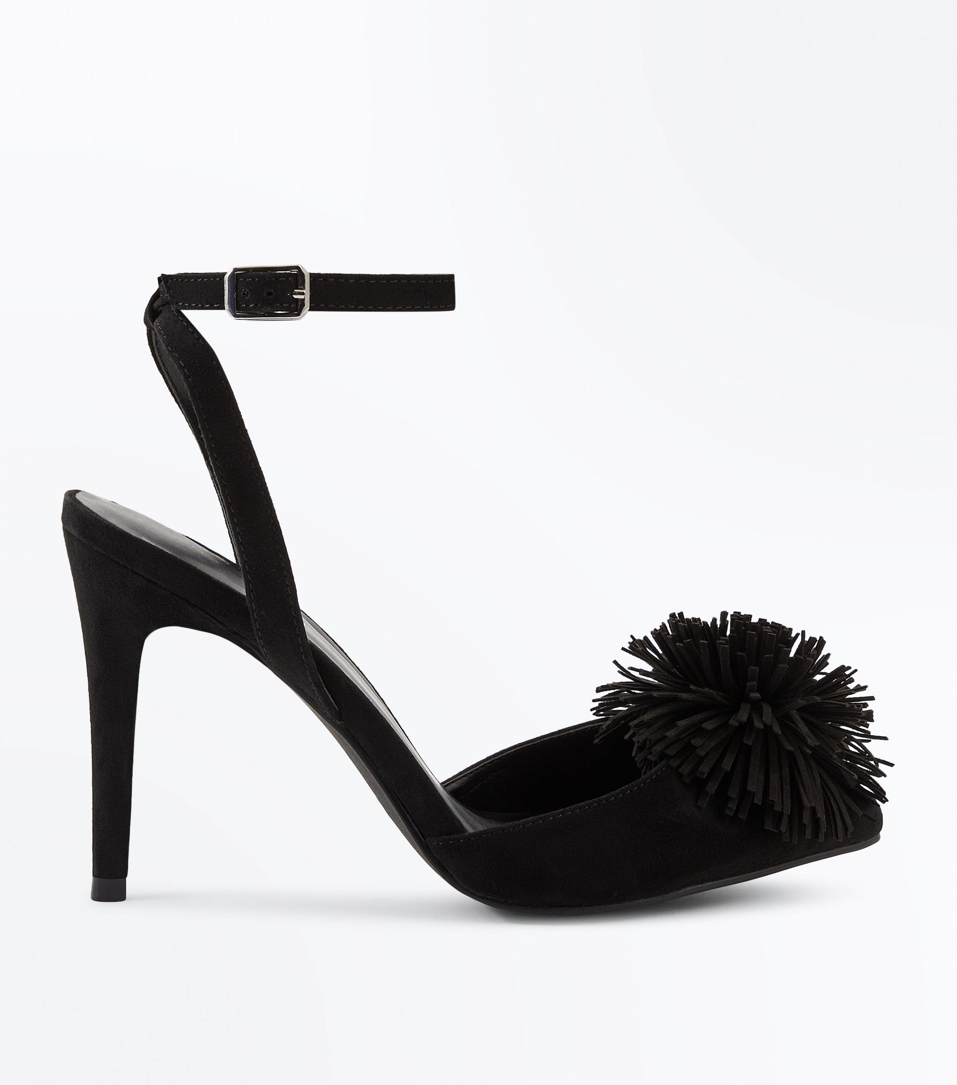 New Look Black Suedette Pom Pom Pointed Toe Court Shoes - Lyst