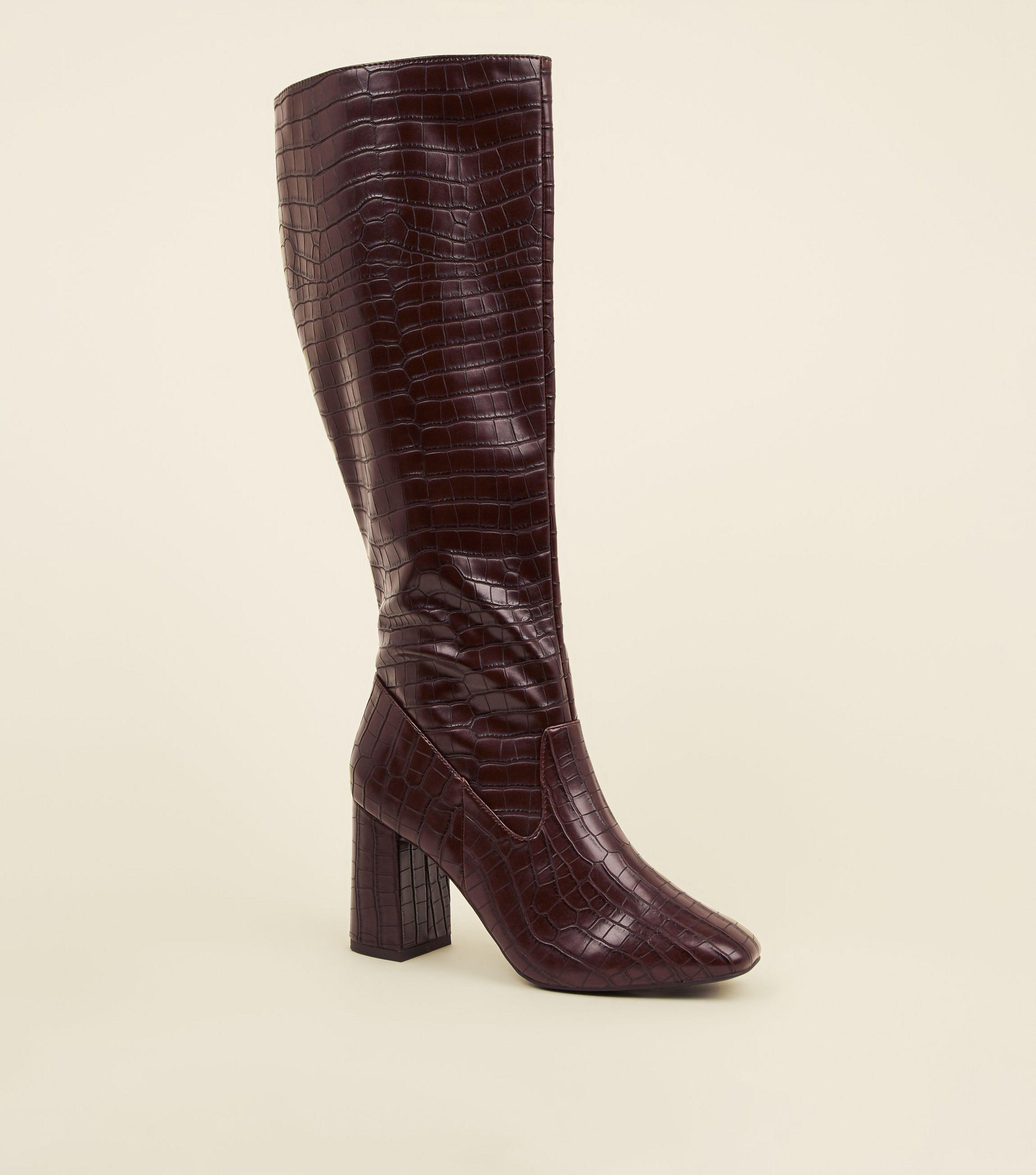 latch croc embossed block heel boot
