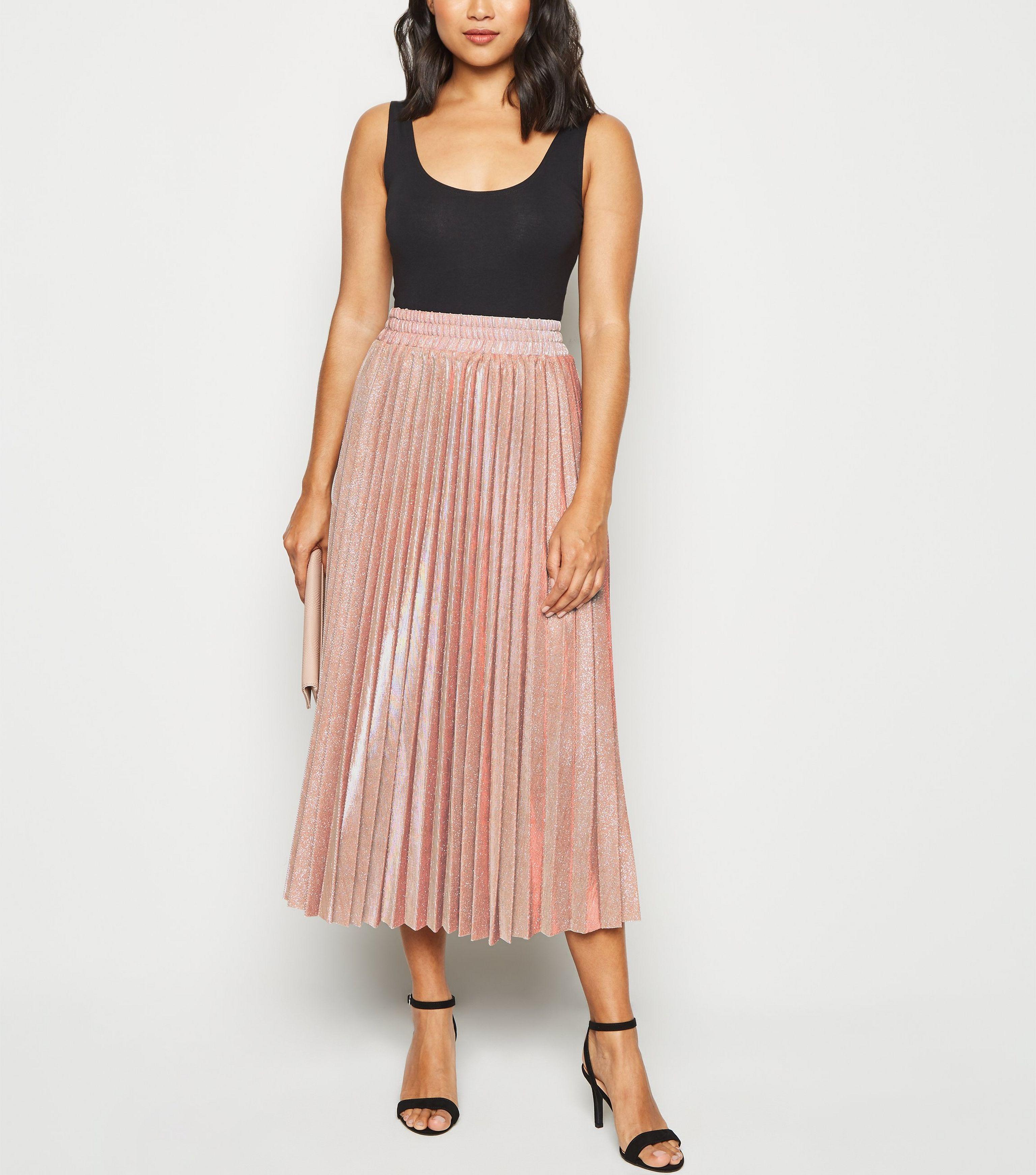 Pink glitter pleated midi skirt sales
