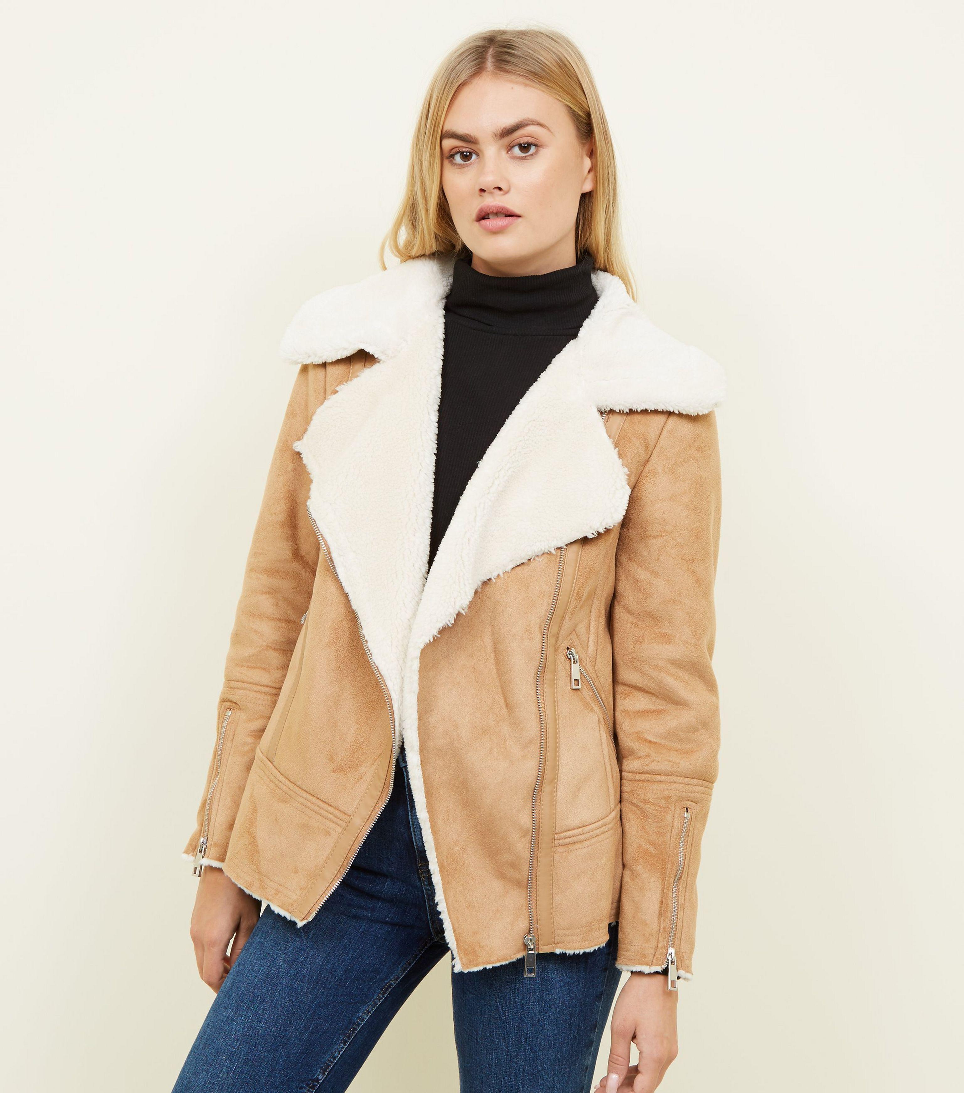 New Look Brown Tan Faux Shearling Biker Jacket