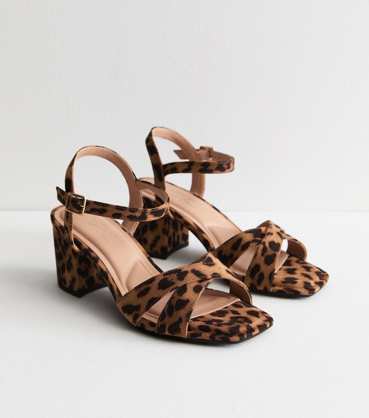 New Look Wide Fit Leopard-Print Block-Heel Sandals Vegan in Brown | Lyst UK