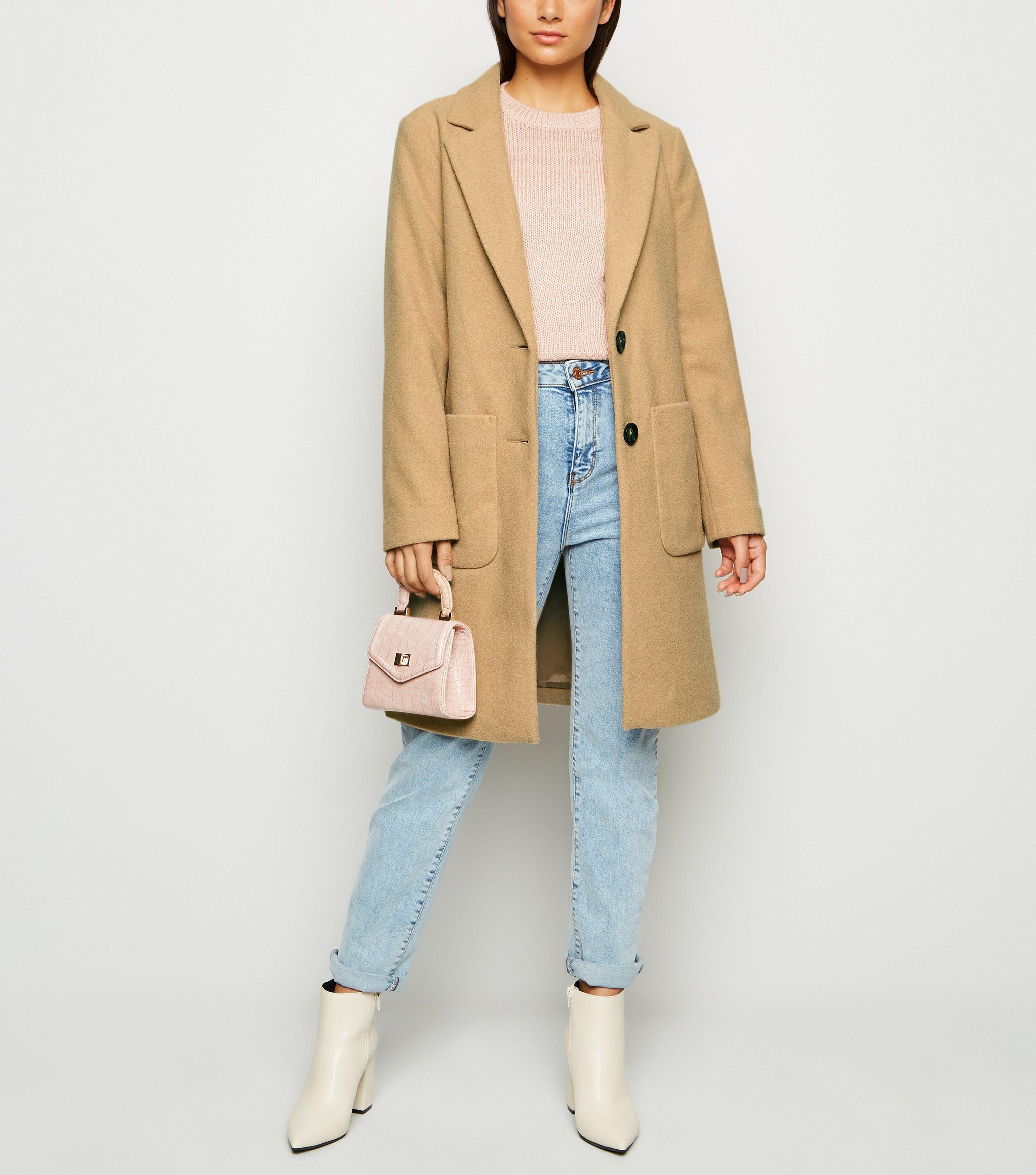 New Look Denim Petite Light Brown Revere Collar Longline Coat Lyst