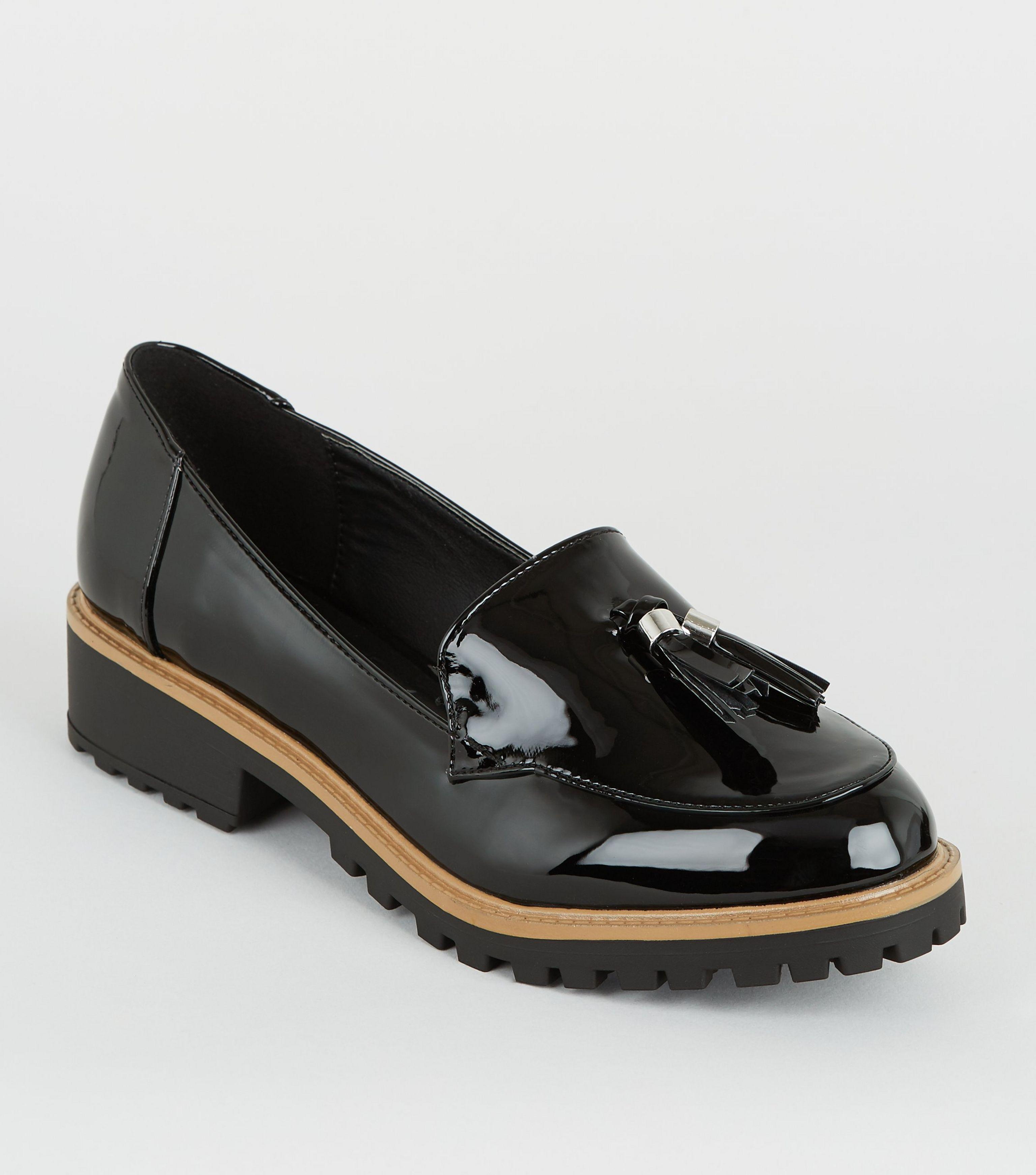 New Look Wide Fit Black Patent Chunky Loafers Lyst