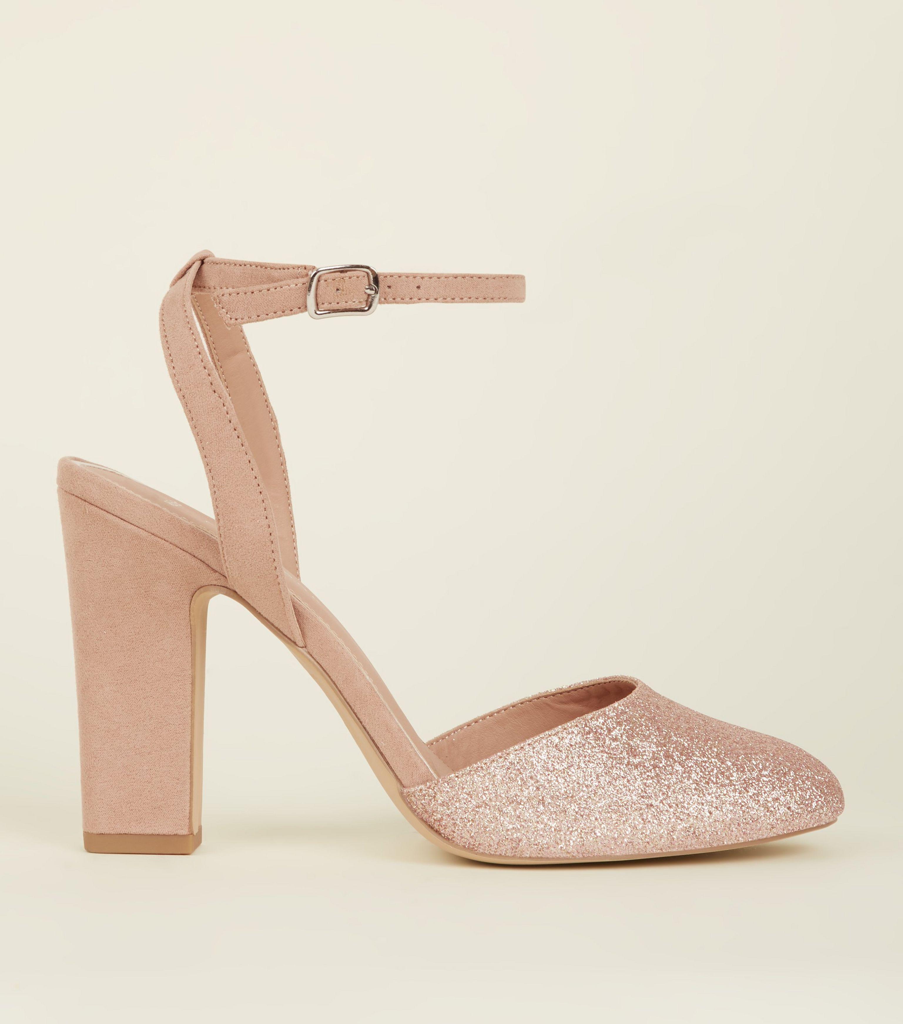 Rose Gold Round Toe Block Heels in Pink 