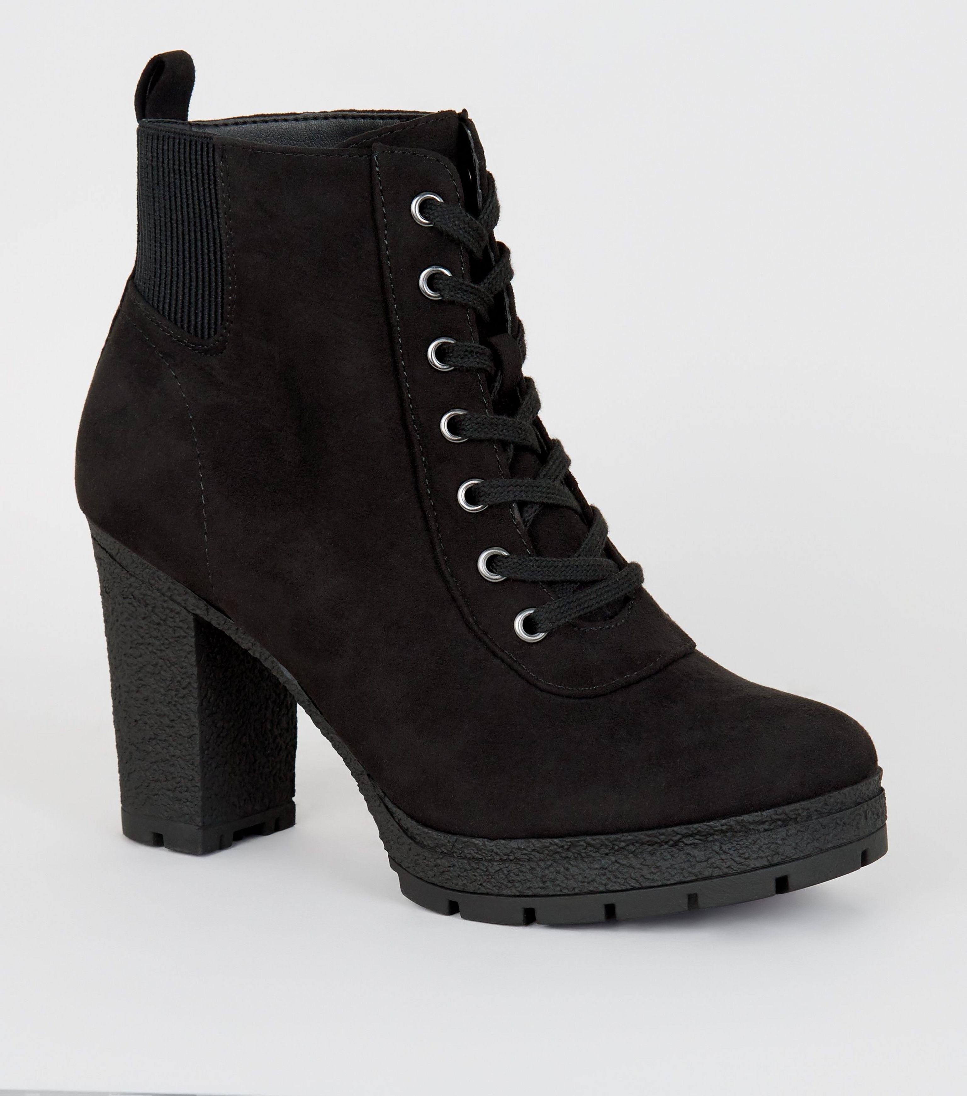 new look lace up shearling hiker boots in black