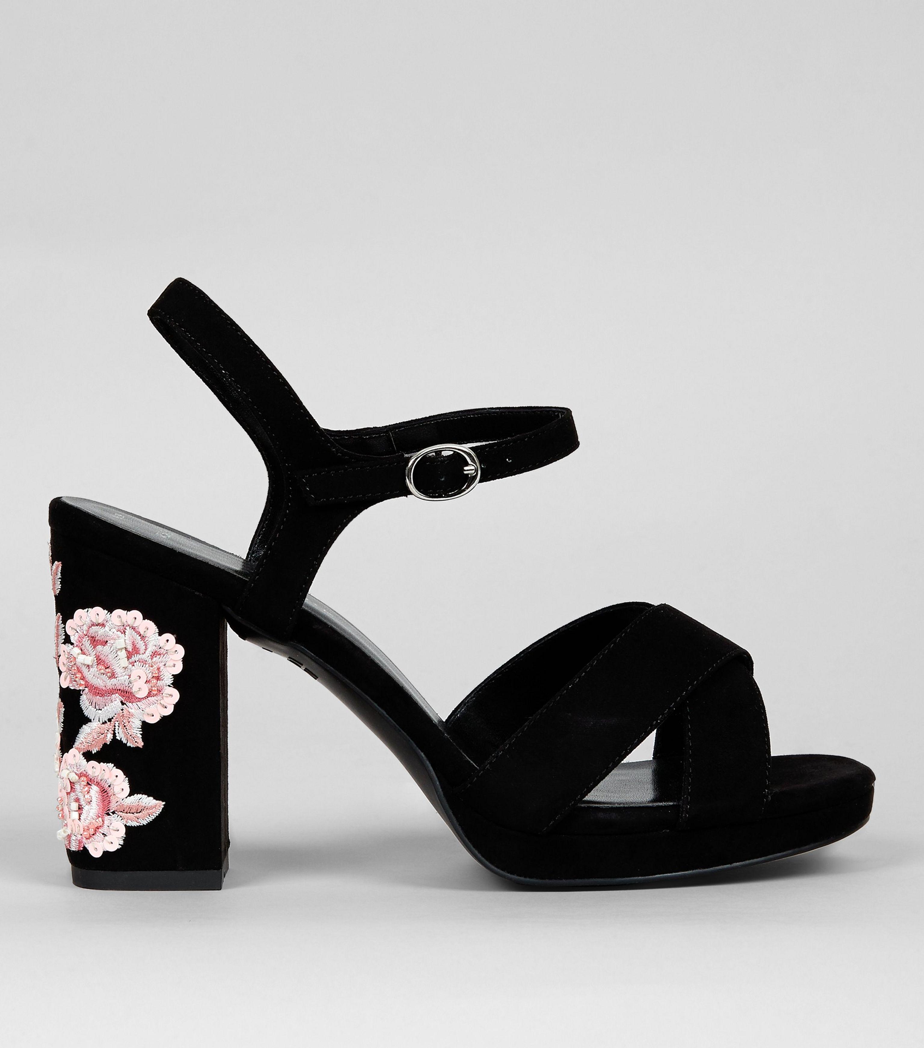 floral embroidered block heels