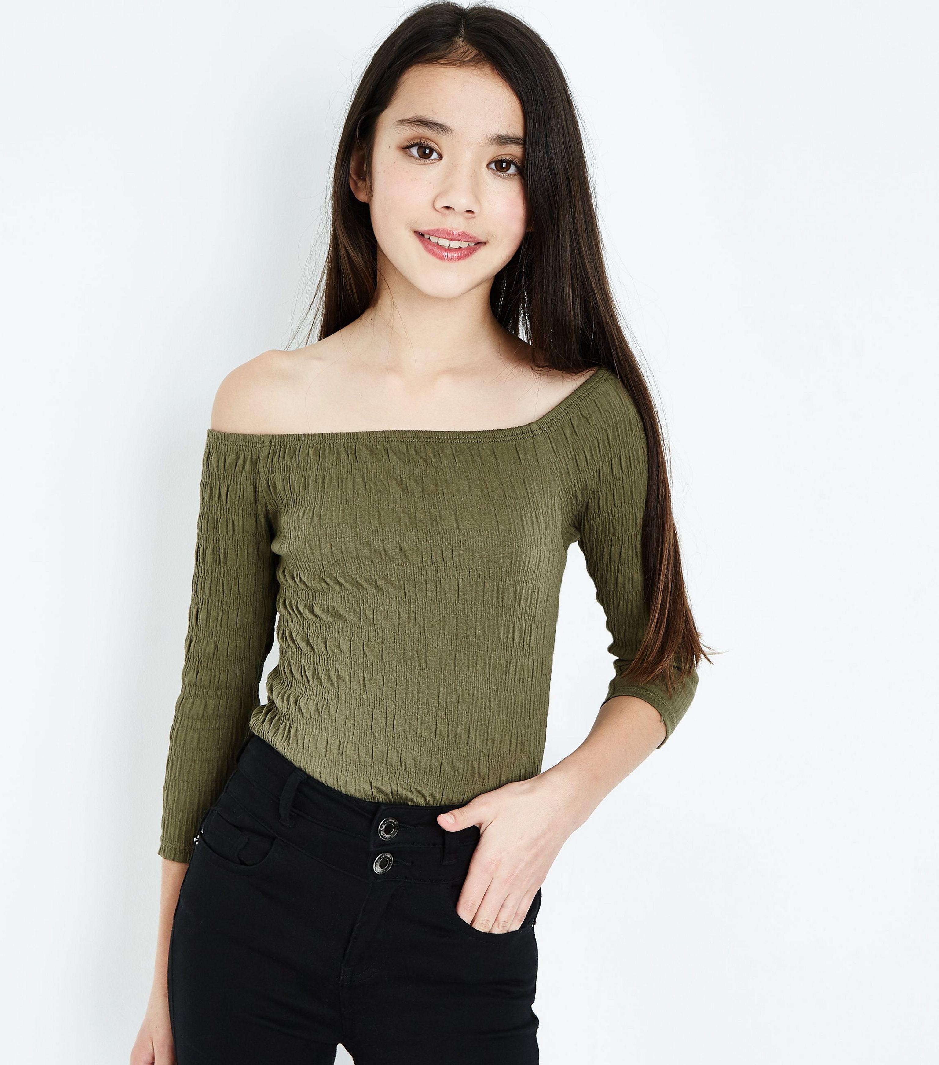 New Look Denim Teens Khaki Shirred 3/4 Sleeve Bardot Top in Green - Lyst