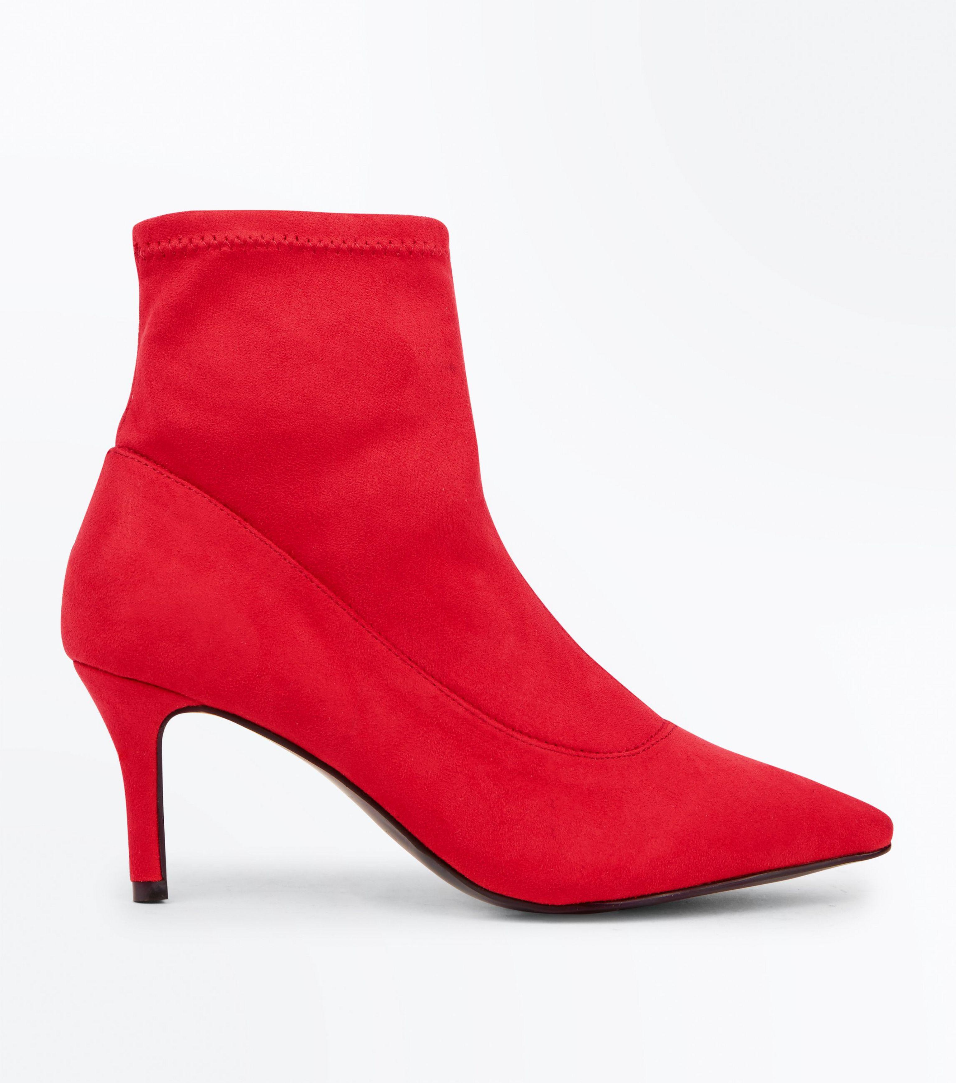 red kitten heel sock boots