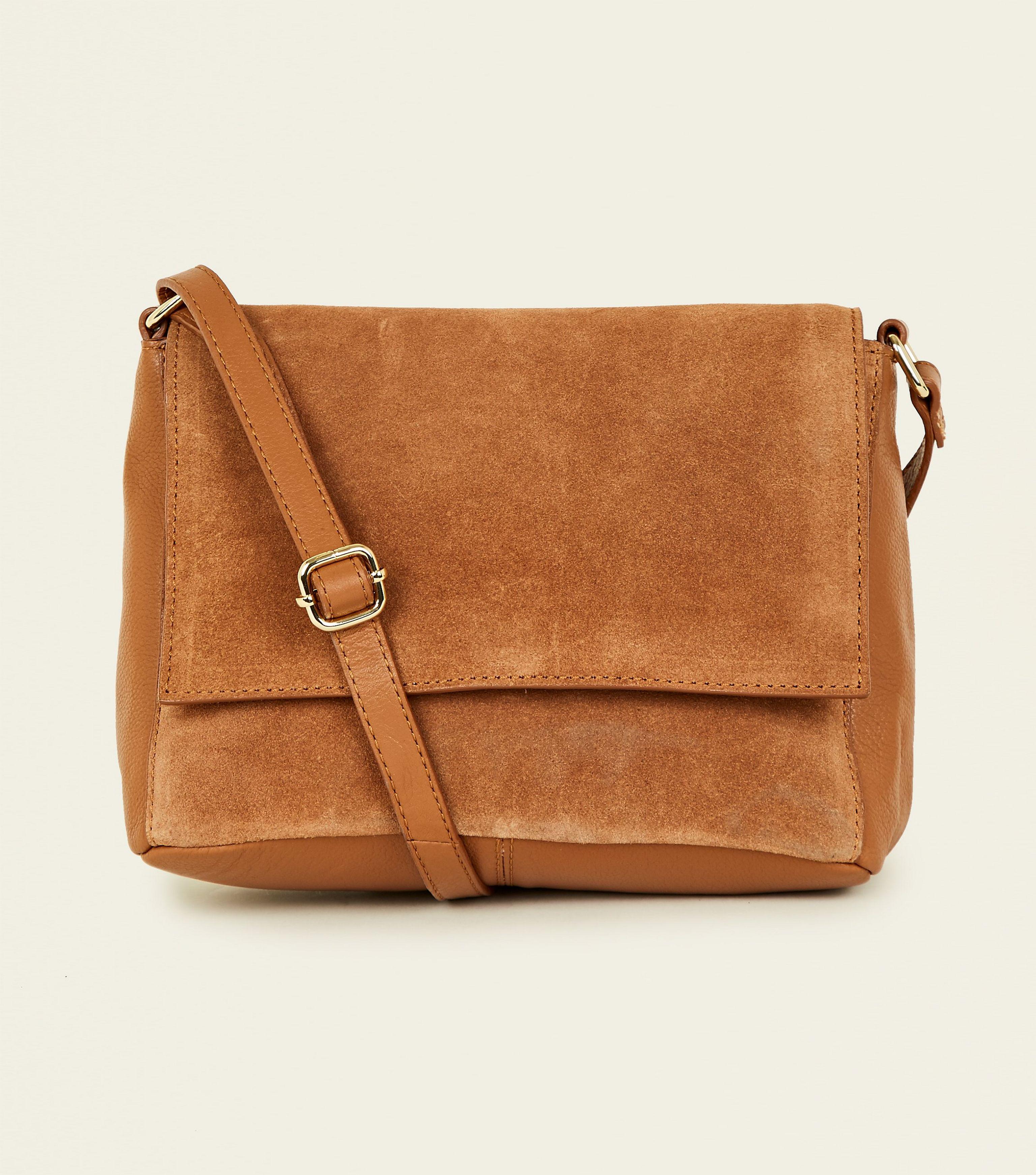 New Look Tan Leather And Suede Foldover Cross Body Bag in Brown - Lyst