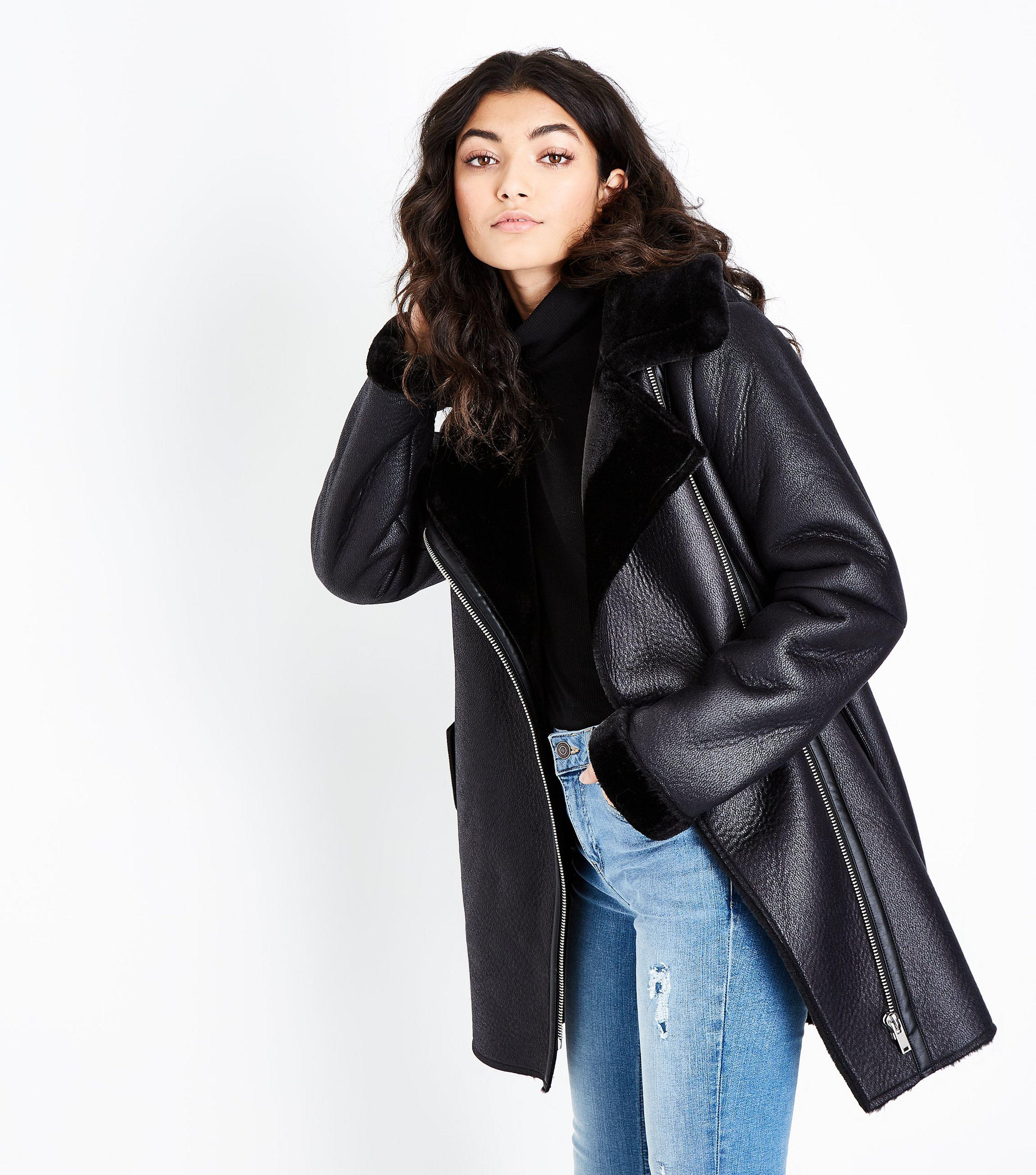 New Look Black Faux Fur Lined Longline Aviator Jacket Lyst
