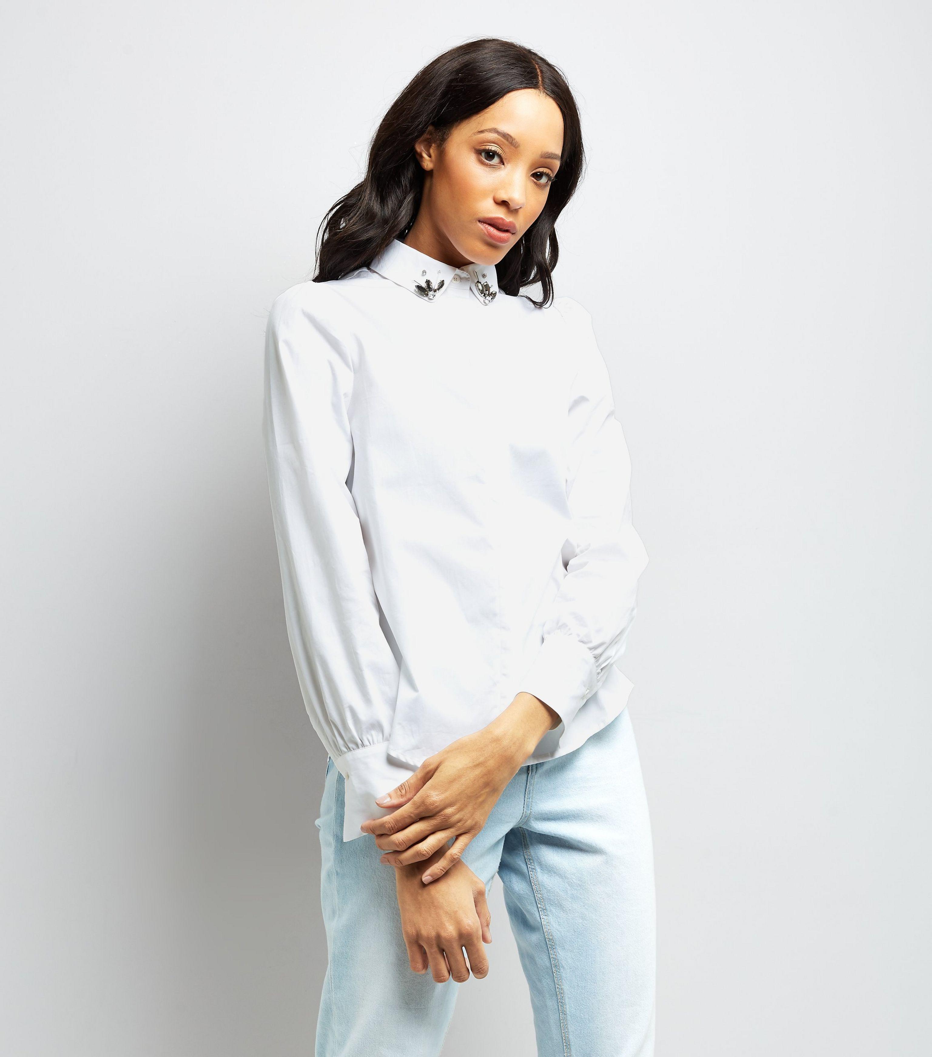 New Look Denim White Jewel Collar Shirt 