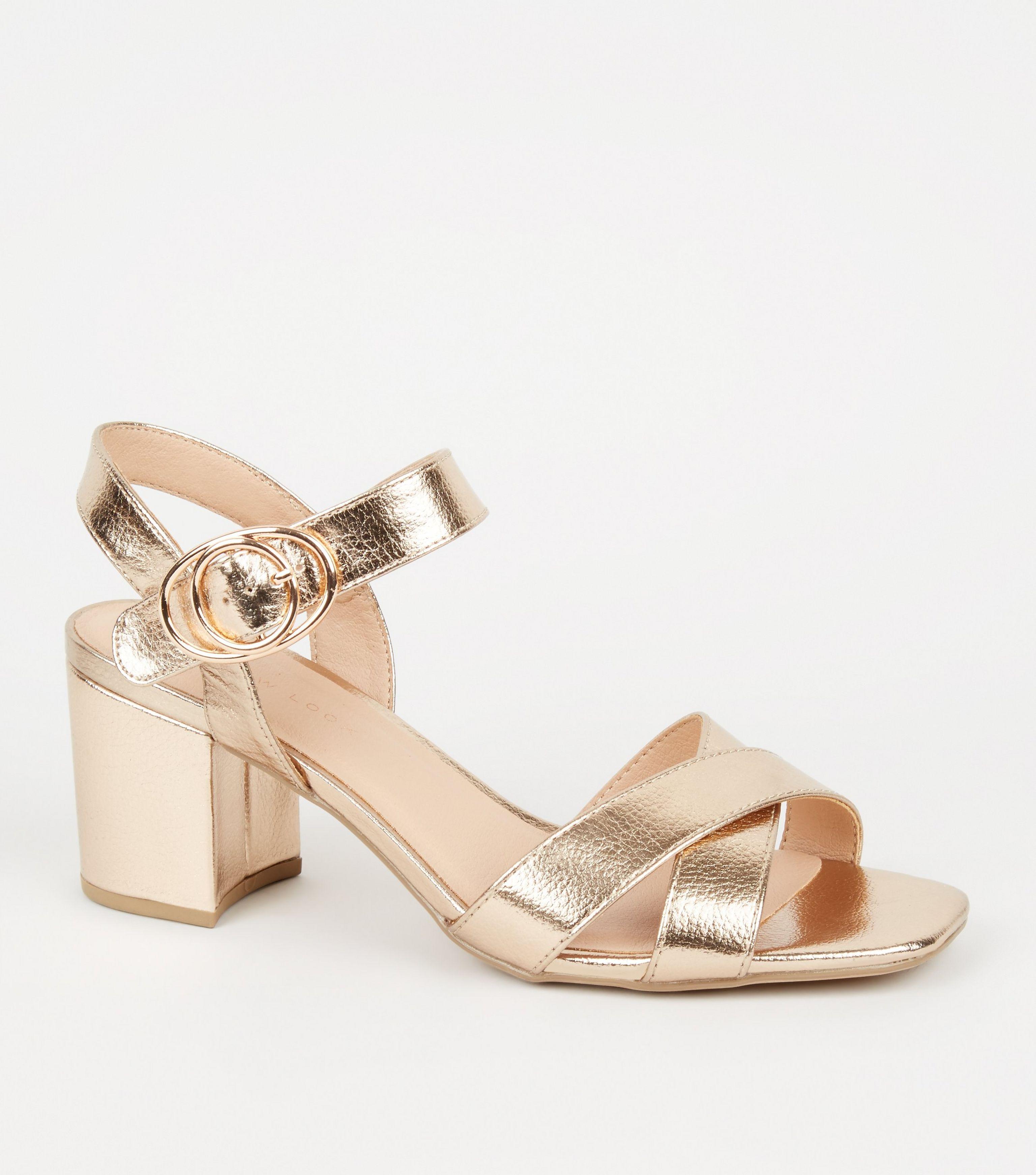 New Look Leather Wide Fit Rose Gold Block Heel Sandals - Lyst