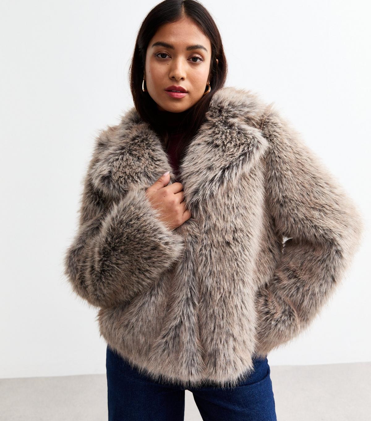 New Look Petite Cropped Faux Fur Jacket in Brown Lyst UK