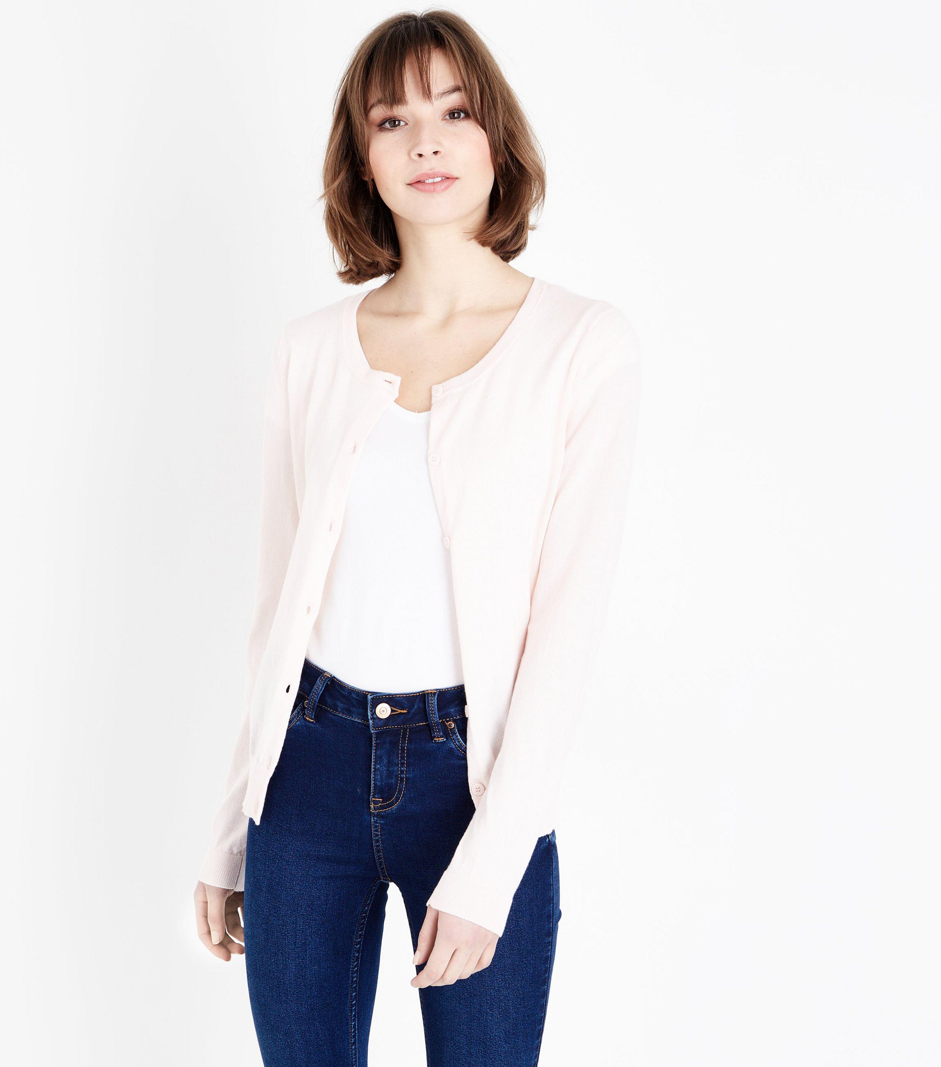 pink crew neck cardigan
