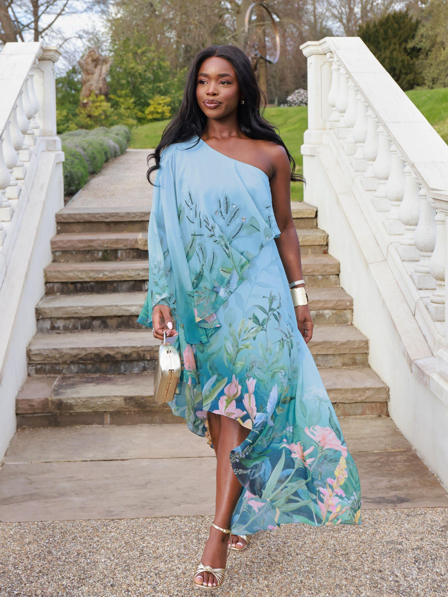 lipsy one shoulder ruffle midi dress Lipsy One Shoulder Floral Aysm Sequin Midi Dress in Blue