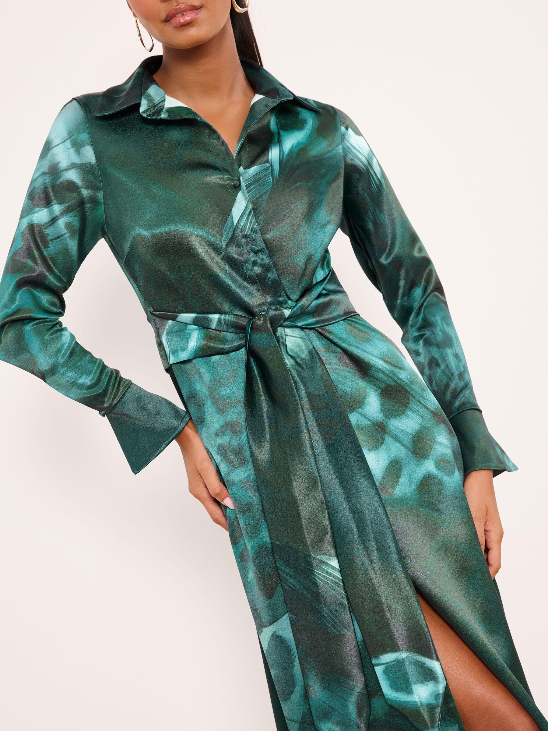 lipsy printed shirt dress Lipsy Mixed Animal Print Satin Midi Shirt Dress in Green