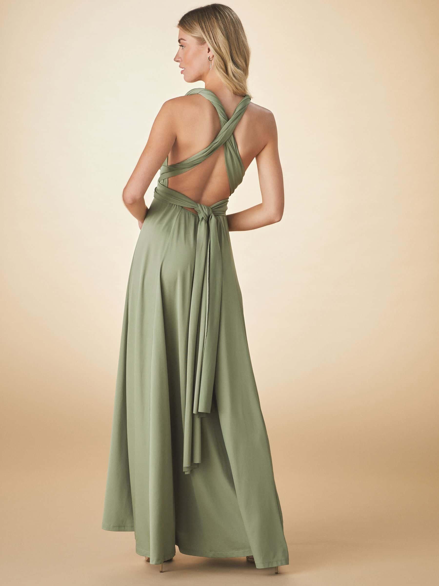 strapless open back dress Zapakasa Women Olive Wedding Guest Dress with Ruffles V Neck Satin Sheath Asymmetrical Bridesmaid Dress, Eucaltptus / US12 main image 0