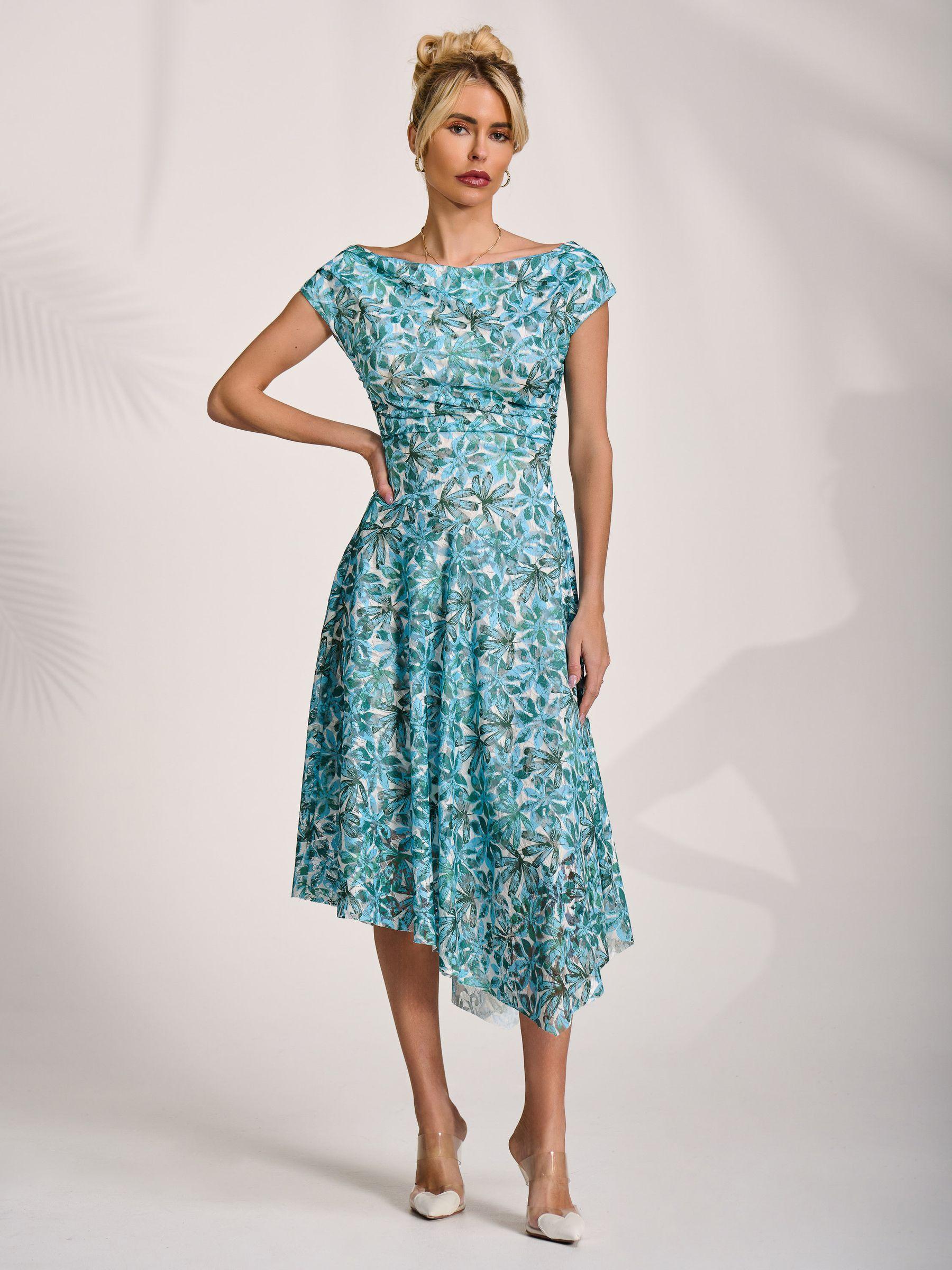 Jolie Moi Asymmetric Printed Lace Draped Dress in Blue | Lyst Jolie Moi Asymmetric Printed Lace Draped Dress in Blue | Lyst