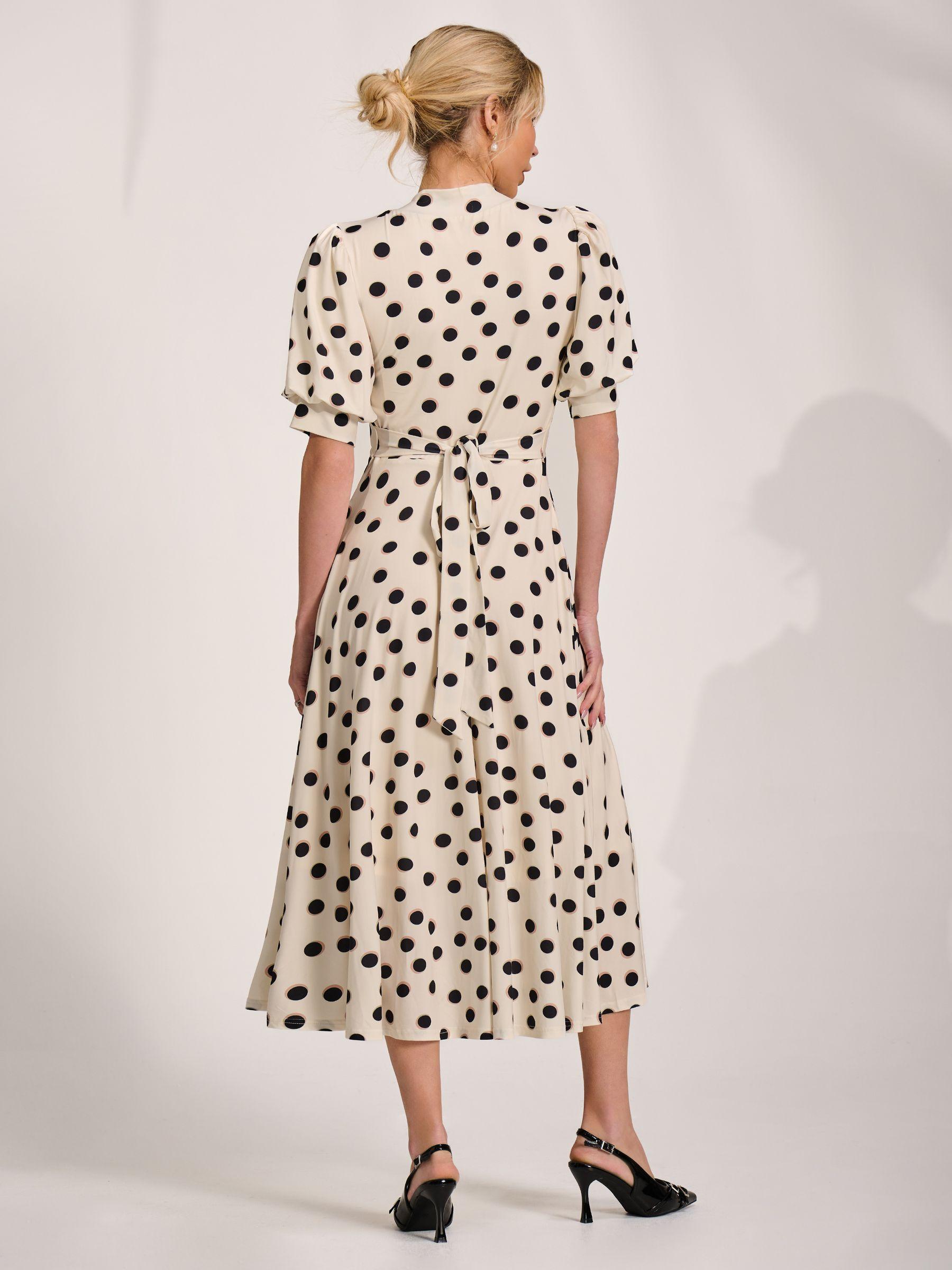 Jolie Moi Tie Neck Puffy Sleeve Jersey Midi Dress in Natural | Lyst
