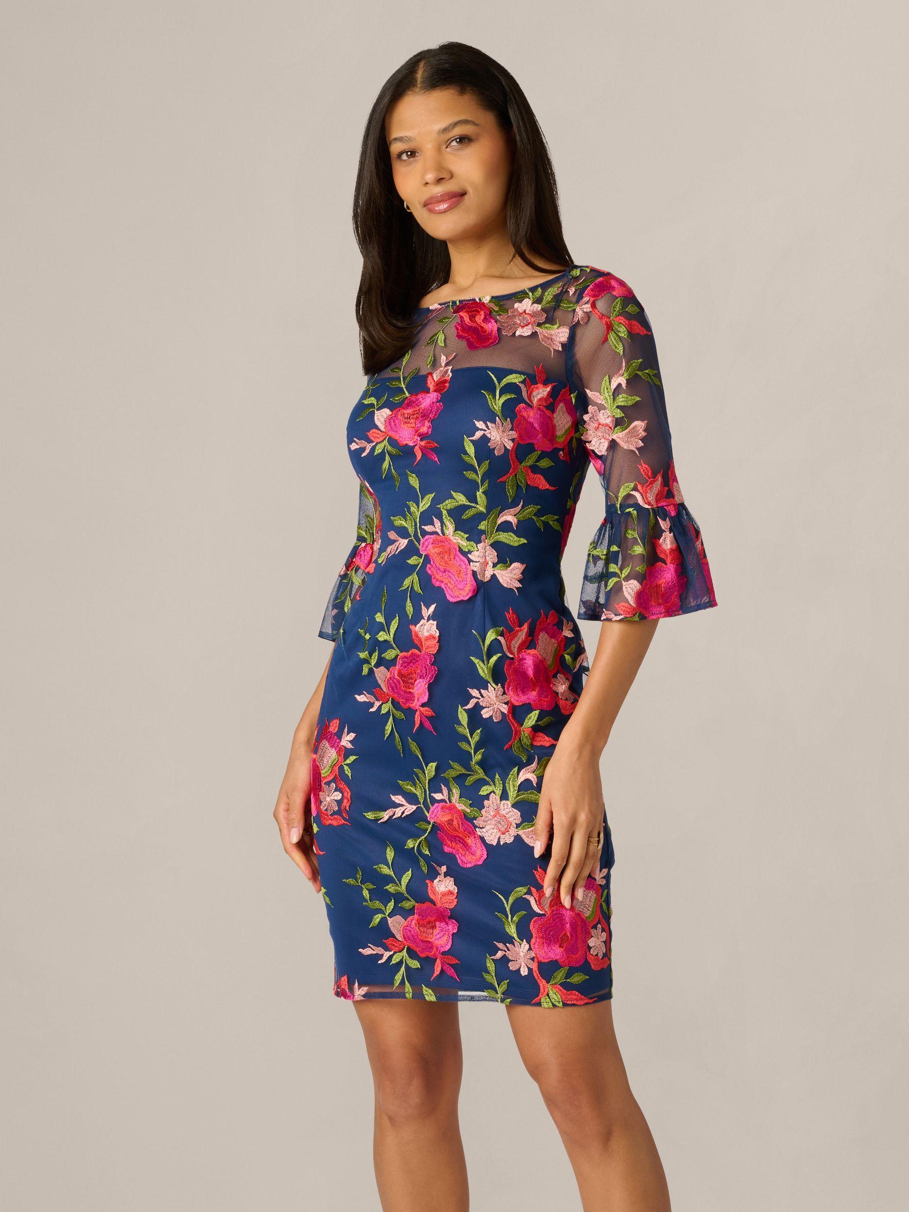 adrianna papell women's embroidered sheath dress Adrianna Papell Short Sleeve Embroidered Sheath Dress with Ribbon Tie Waist Midnight Multi Nude 8 at Amazon Women's Clothing store