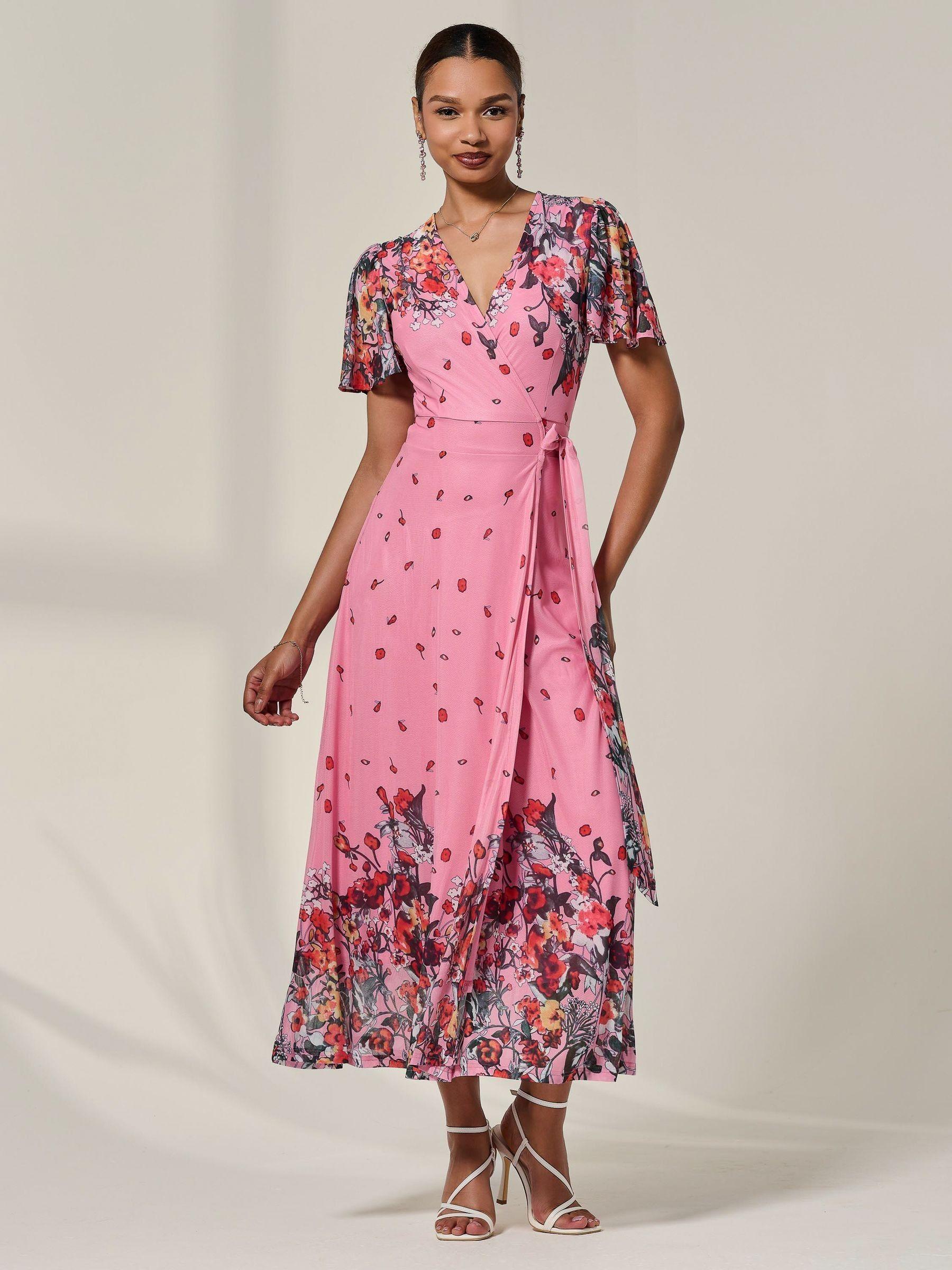 knee length dresses for ladies Jolie Moi Peggy Ruched Sleeve Wrap Mesh Maxi Dress, Blue Multi main image 1