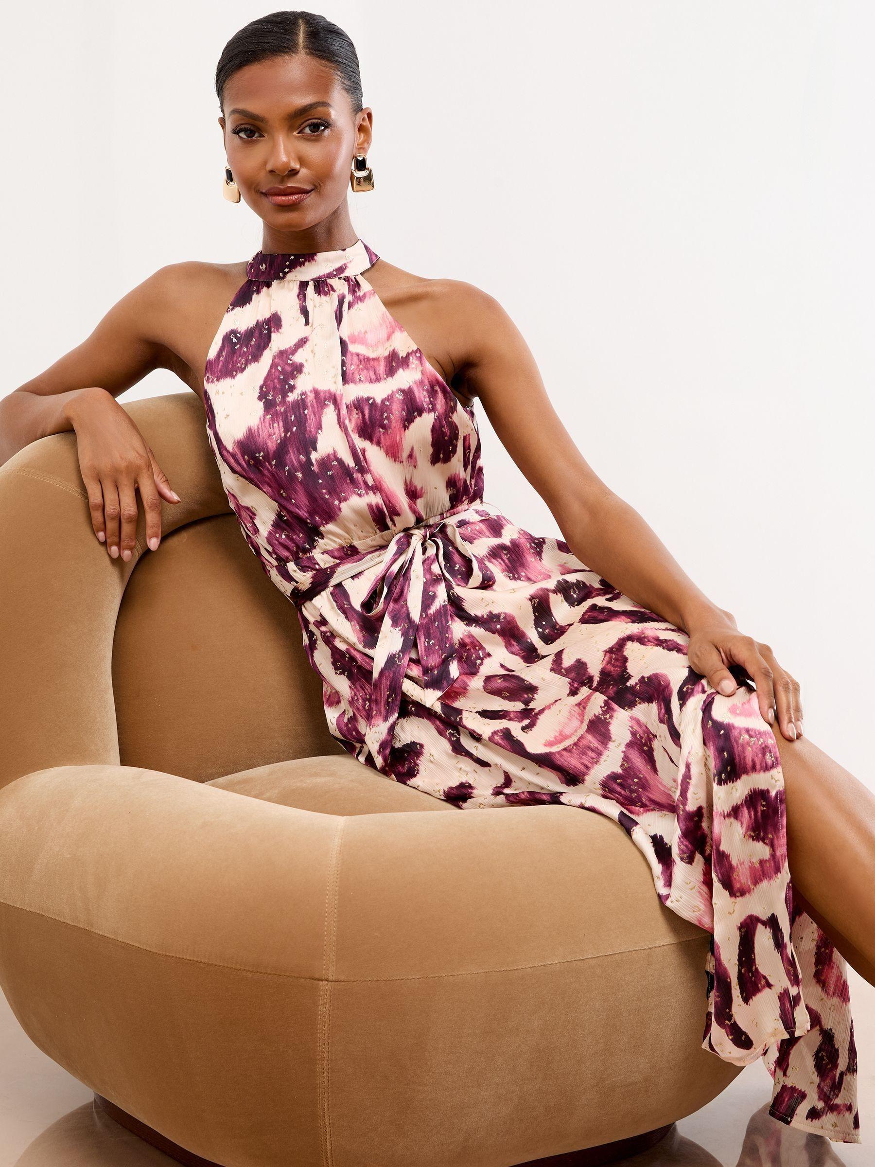 lipsy halter neck dress Printed Ruched Sleeveless Midi in Pink model: Toma