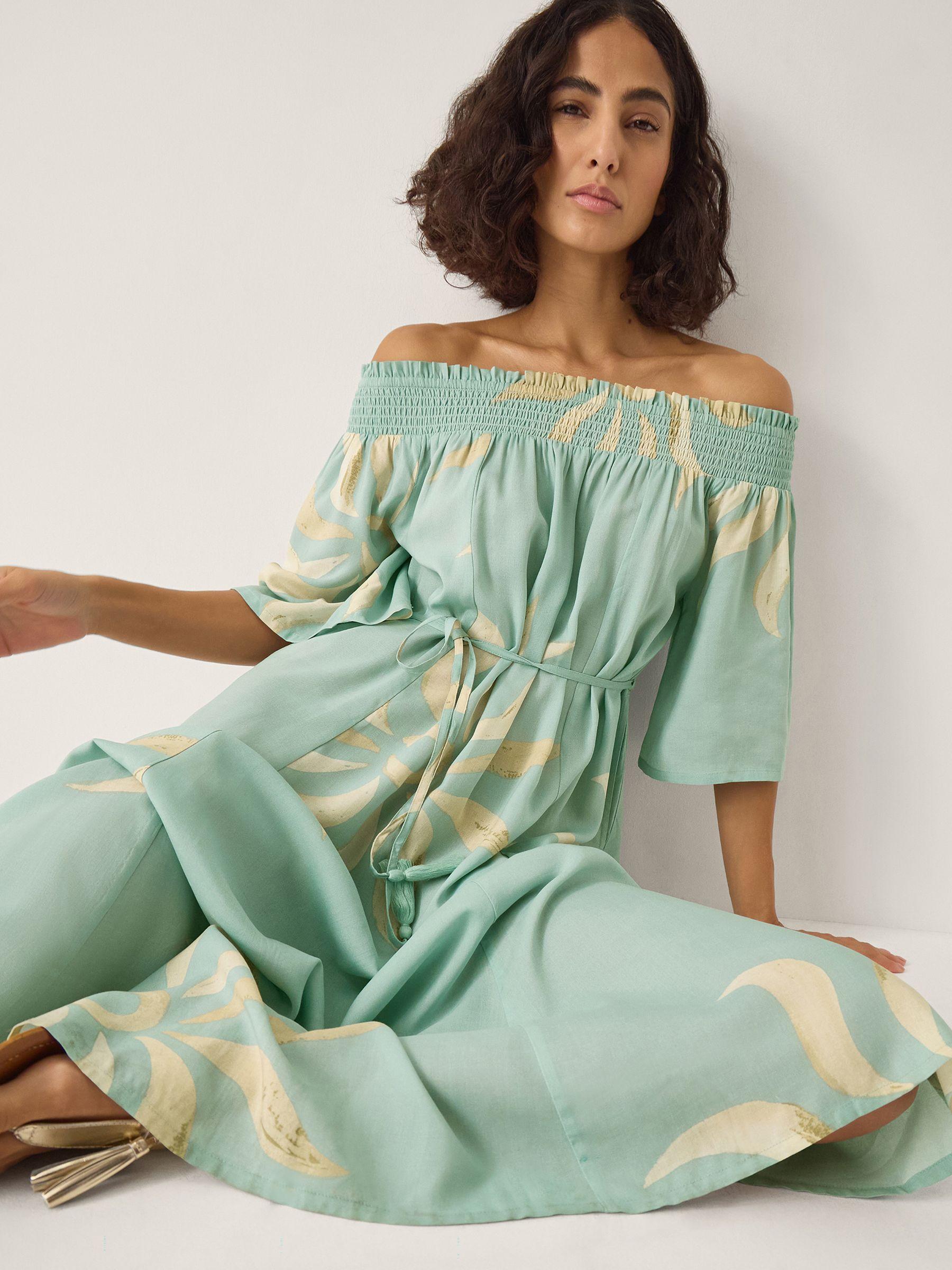 Monsoon Tashie Sun Print Bardot Midi Dress in Green | Lyst