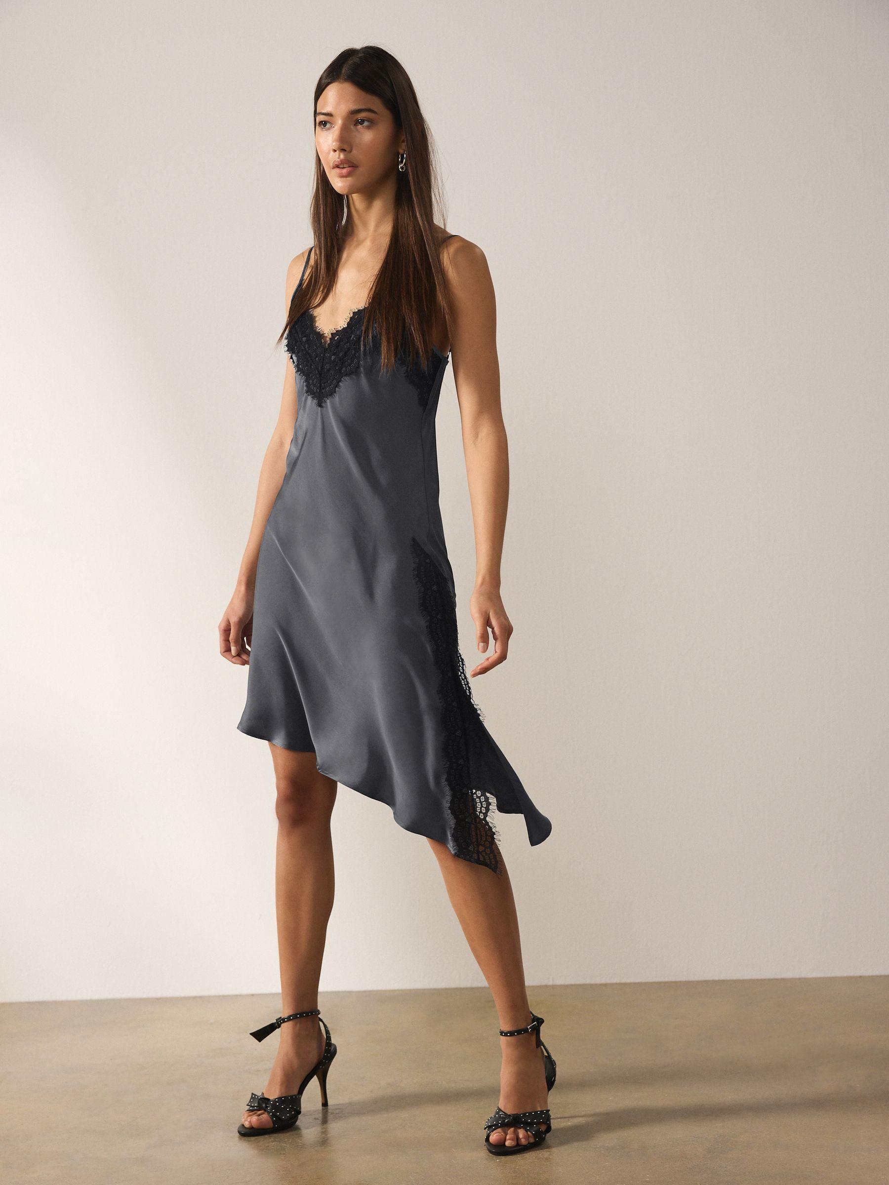Next Lace Trim Strappy Asymmetrical Cami Mini Dress in Gray | Lyst