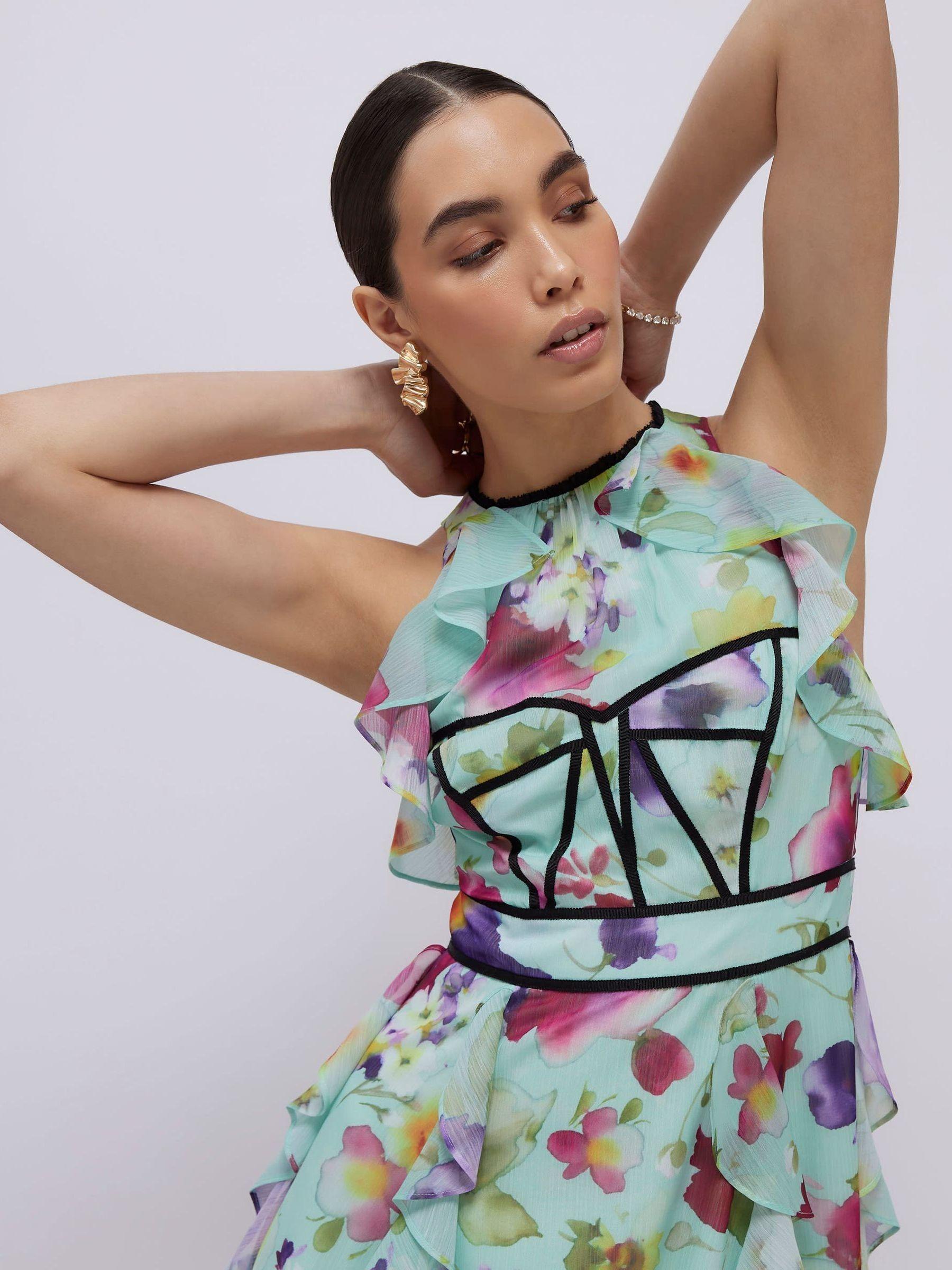 purple floral halter neck bodycon midi dress river island River Island halterneck floral print maxi dress in mid purple