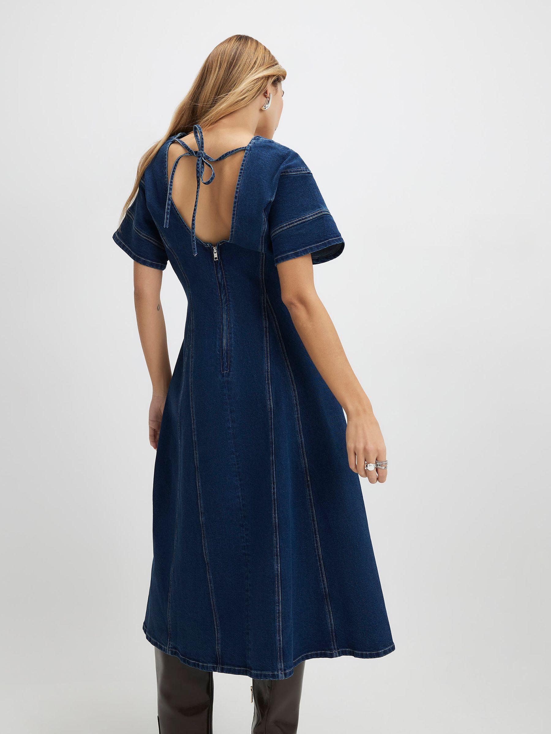 river island denim midi dress River Island Fitted Denim Midi Dress in Blue