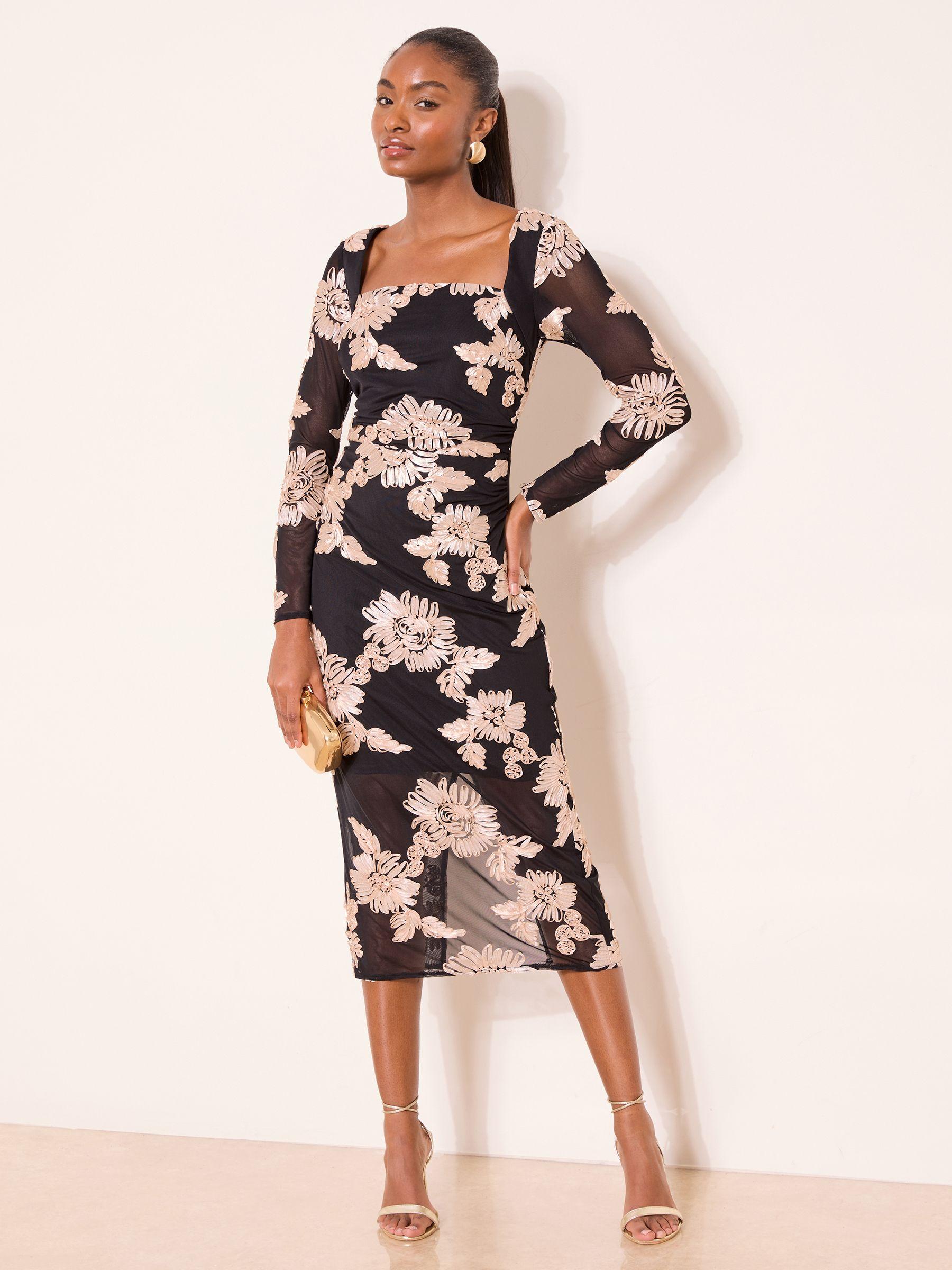 Lipsy Square Neck Floral Long Sleeve Bodycon Mesh Midi Dress in Natural