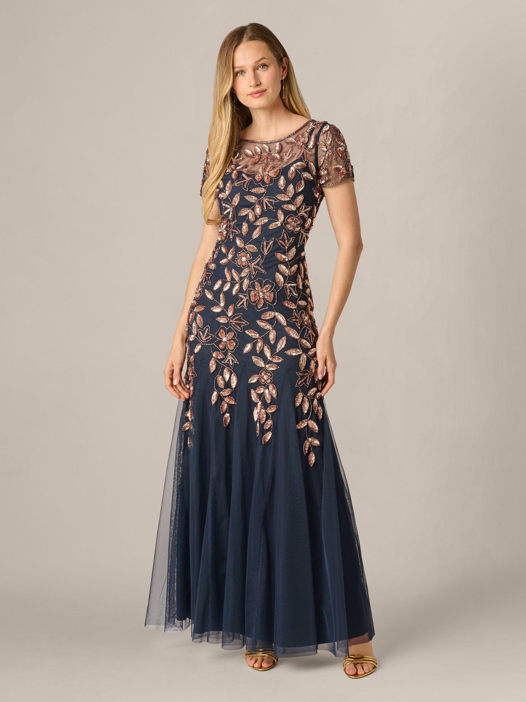 adrianna papell women's embellished mesh midi dress Adrianna Papell Beaded Mesh Column Dress