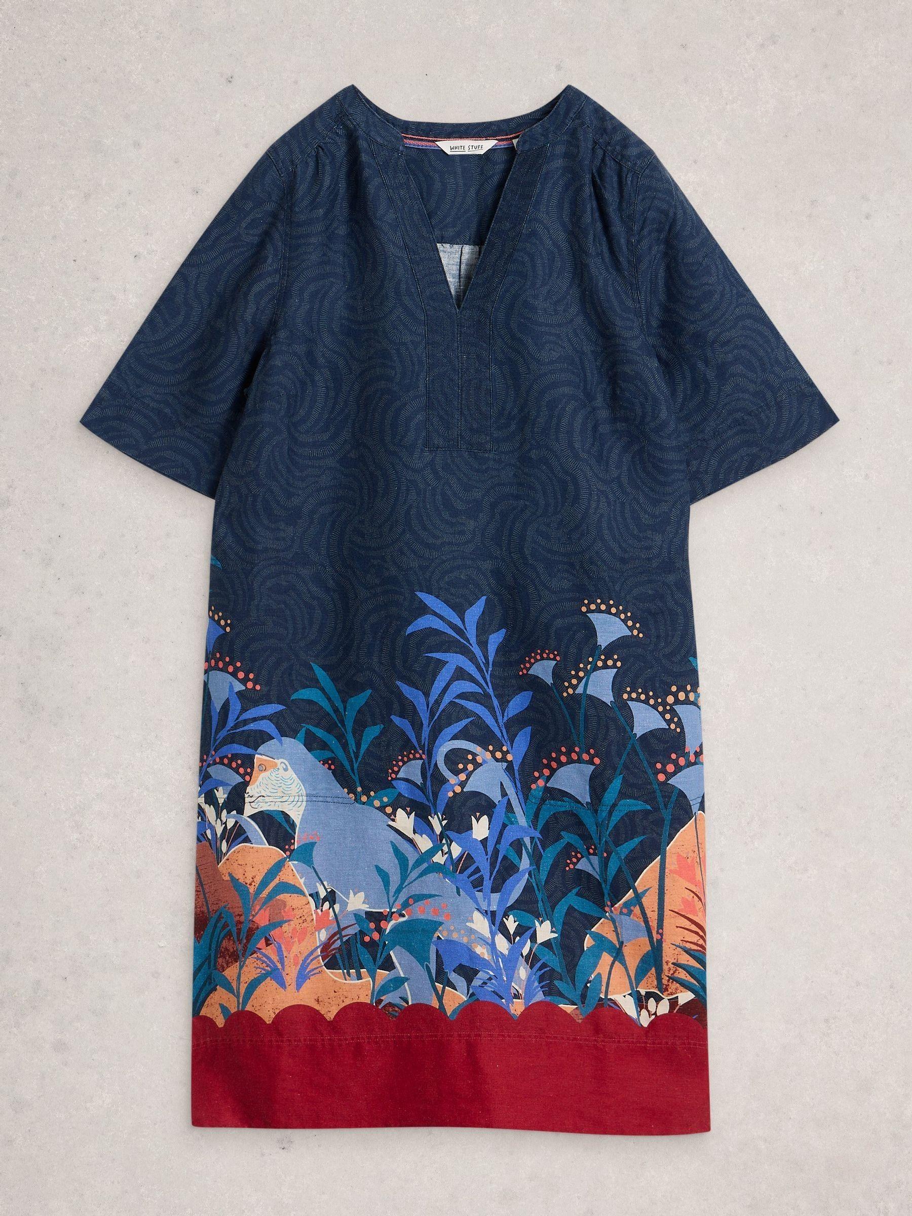 knee length dresses for ladies White Stuff Dress Otto Linen Blend Blue Print 442725 4B739F – Shirley Allum  Boutique main image 0