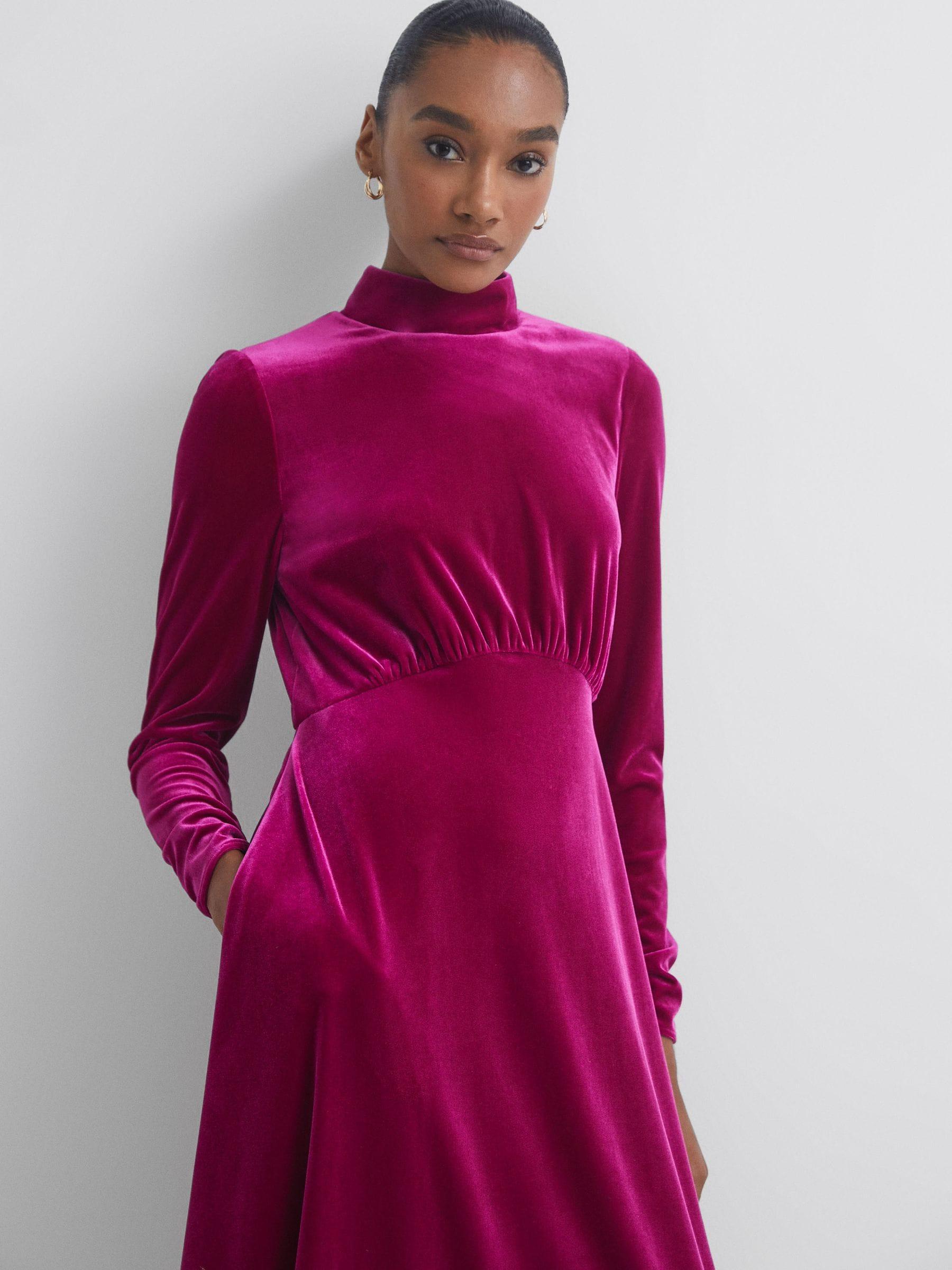 pink velvet midi dress SHARON MIDI DRESS VELVET PINK
