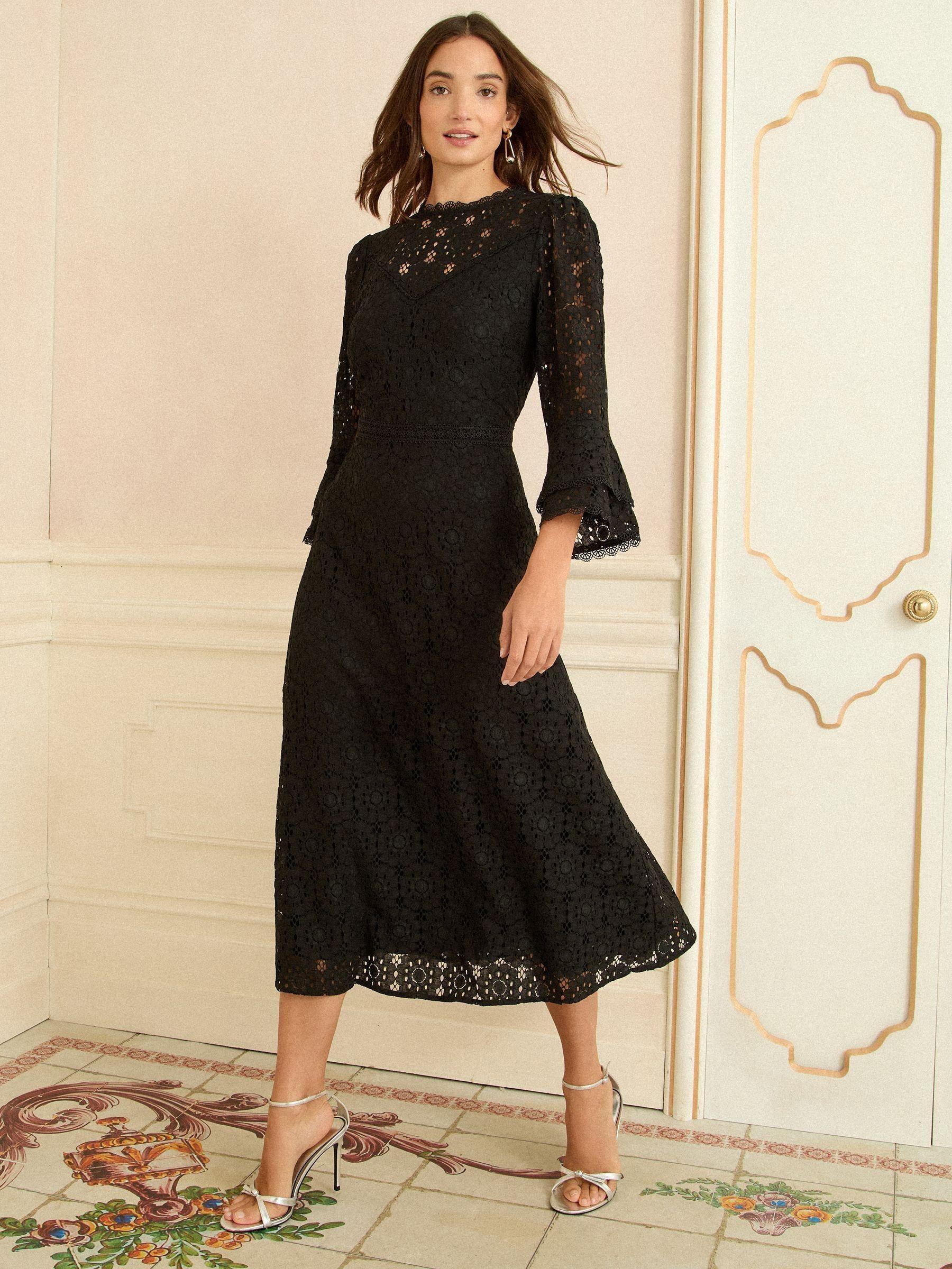 Love & Roses Lace Flute Sleeve Midi Dress in Natural | Lyst