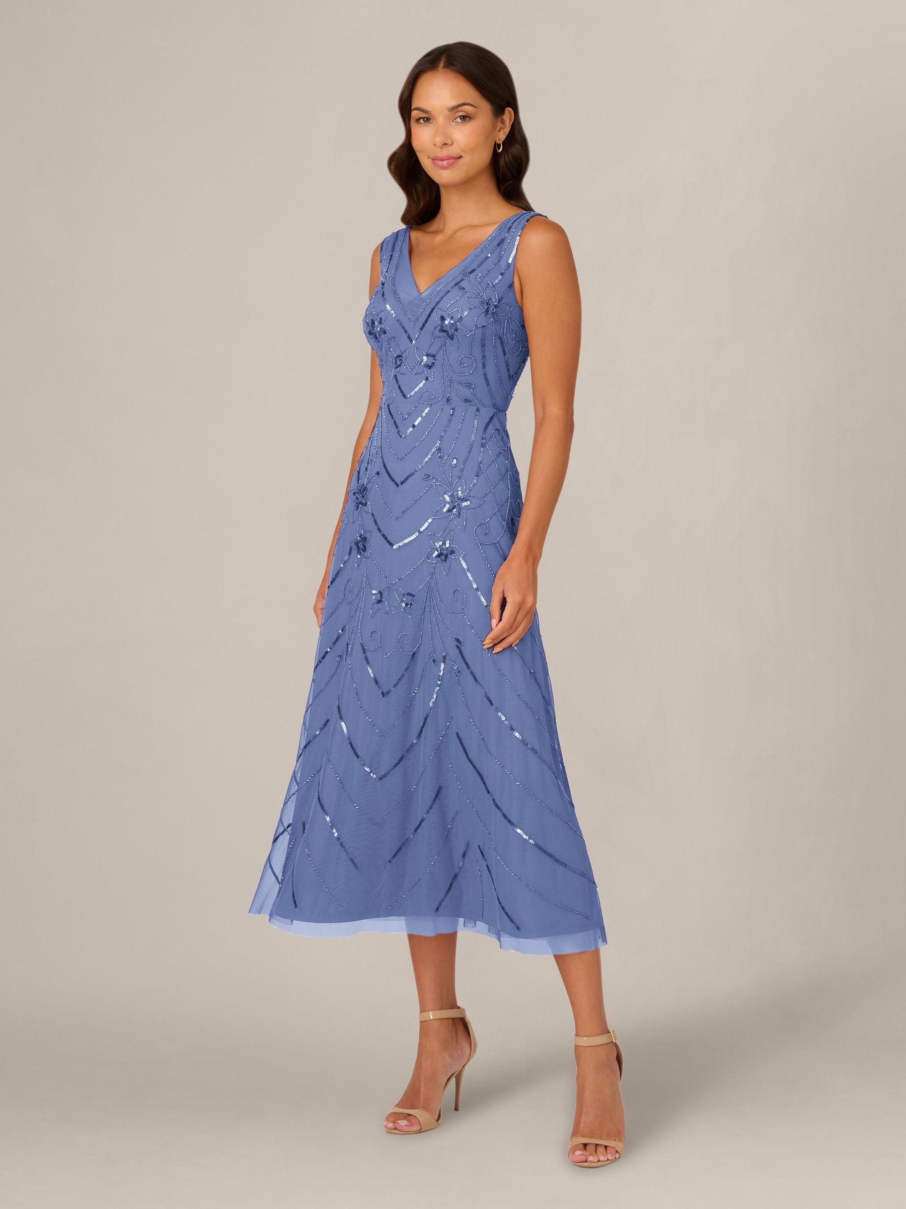 adrianna papell beaded tiered dress Adrianna Papell Beaded V-Neck 3/4 Sleeve A-Line Gown - Air sky