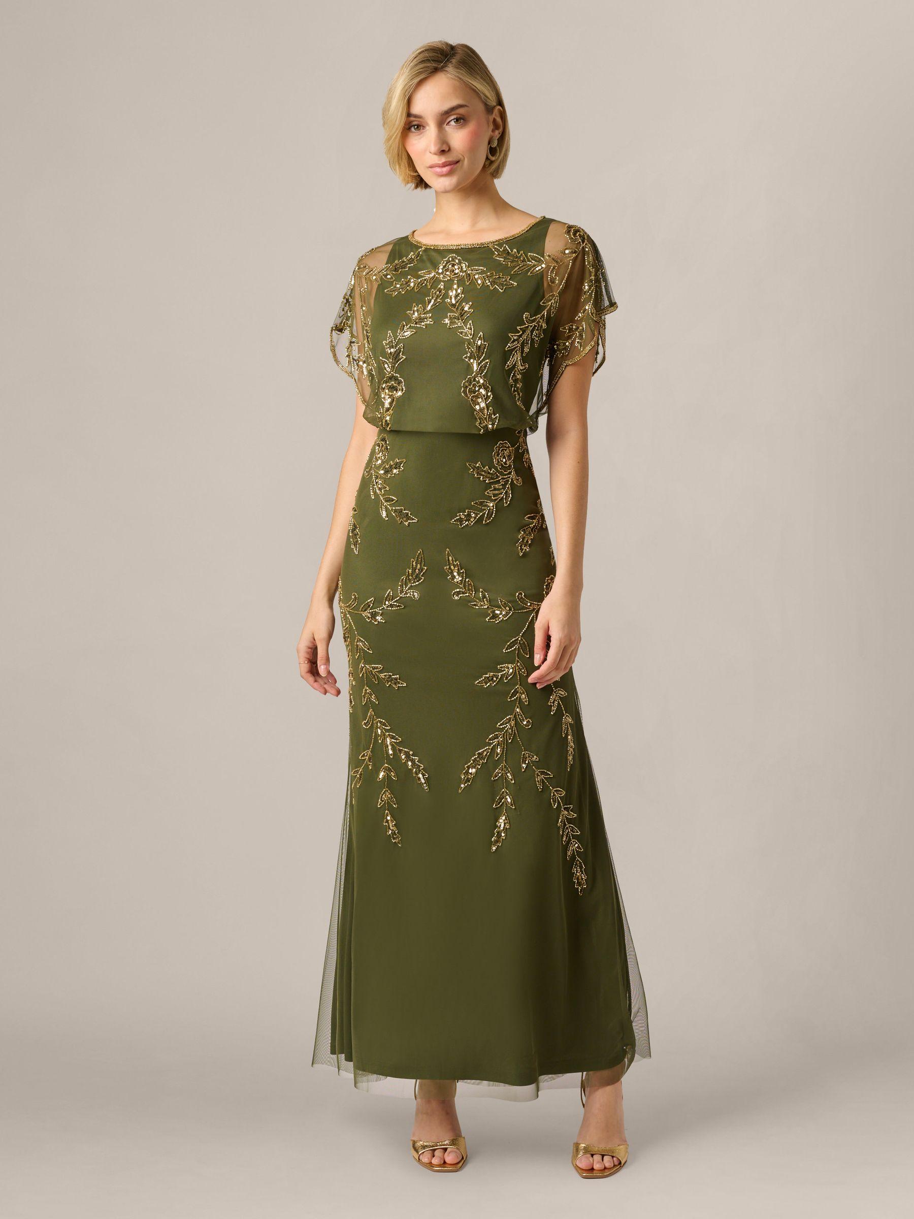 adrianna papell green beaded dress vintage Green Long Sleeve Beaded Full Length Dress