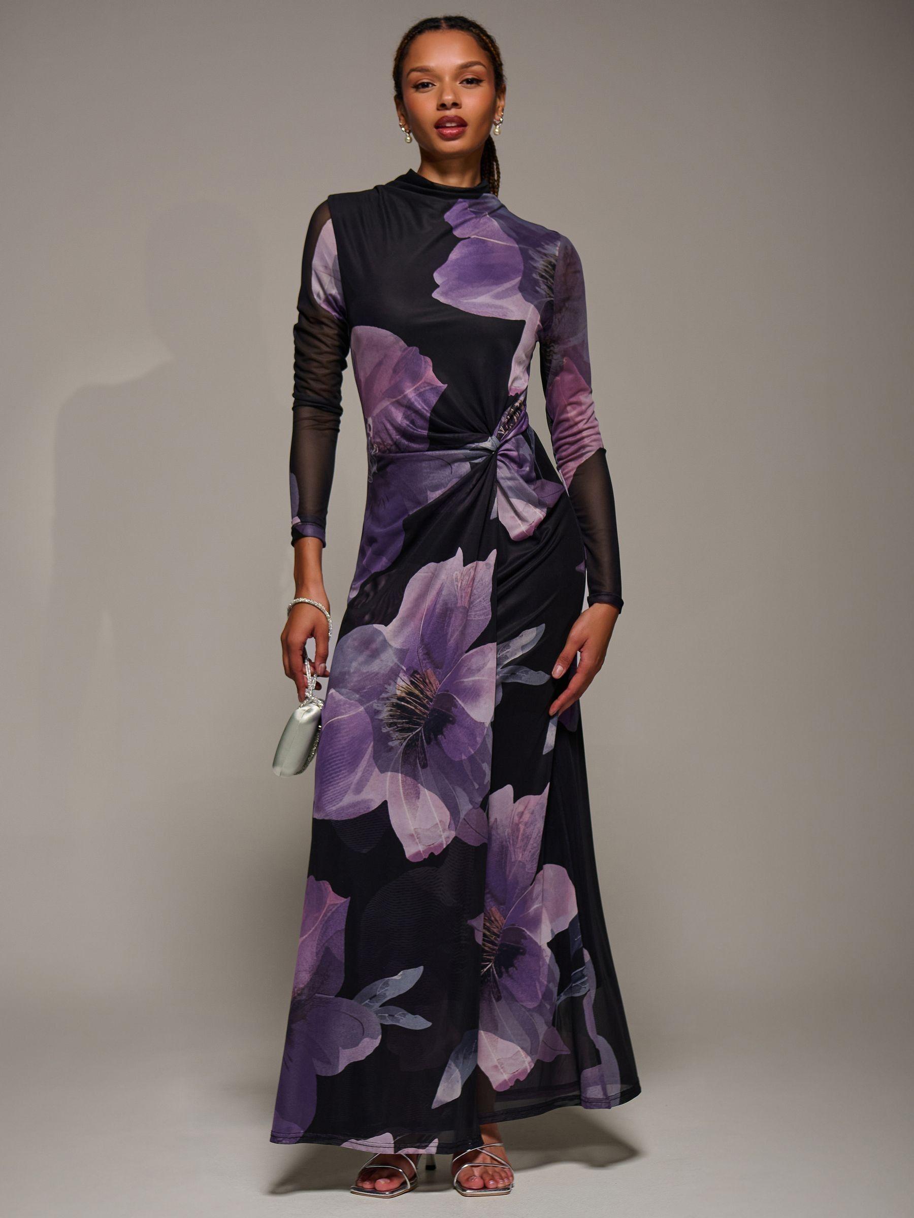 Jolie Moi High Neck Long Sleeve Mesh Maxi Dress in Purple | Lyst