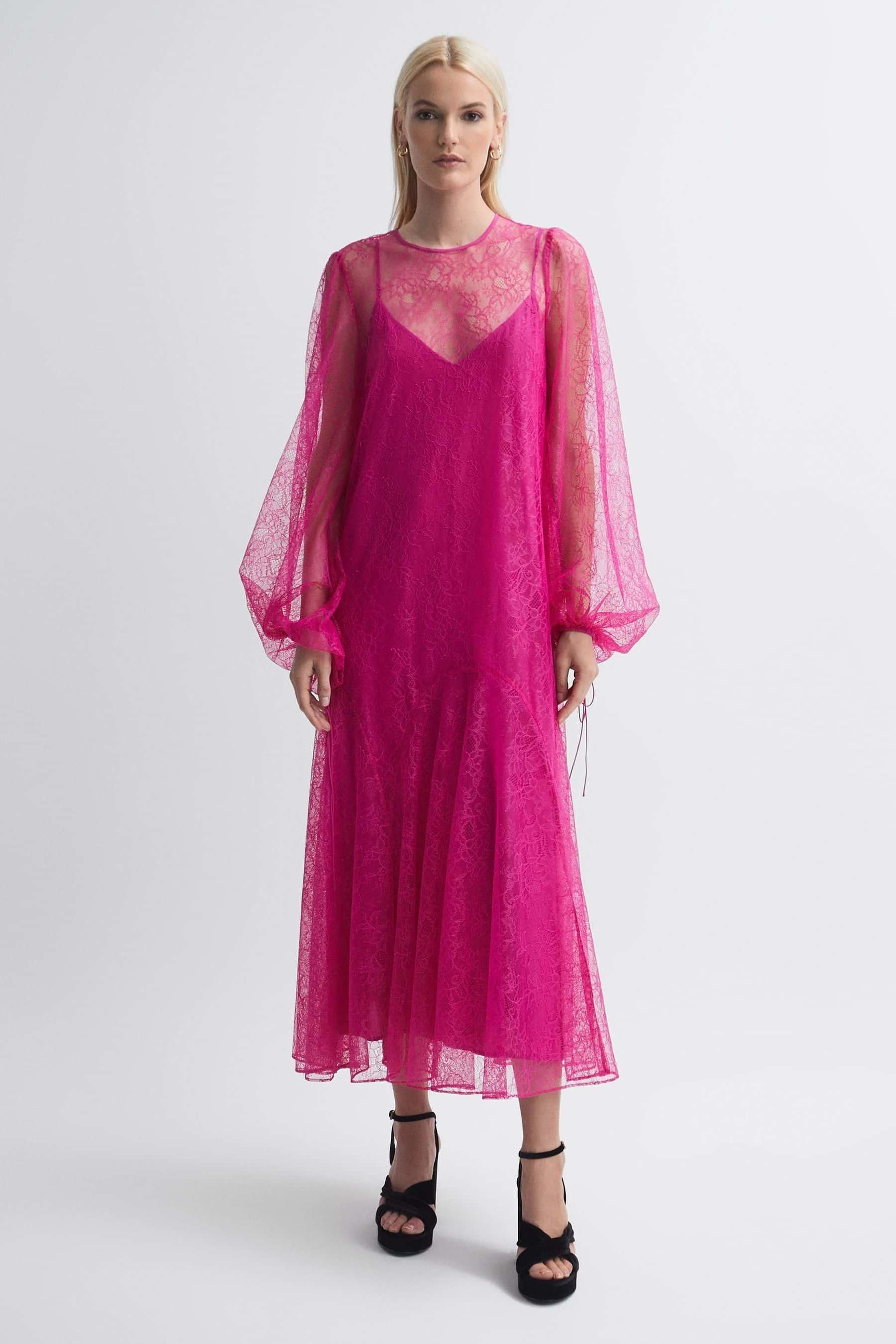 florere lace midi dress Lace Detail Puff Sleeve Cotton Midi Dress Florere