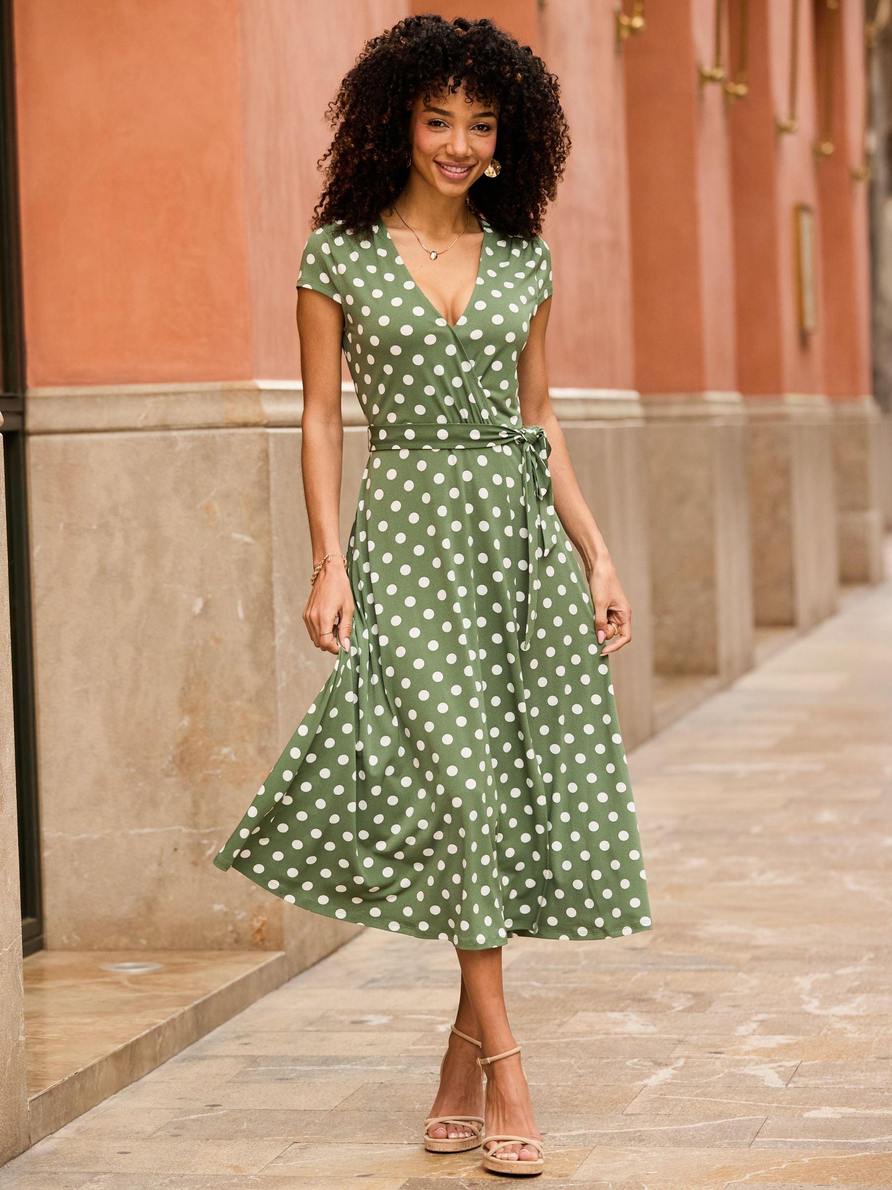polka dot green dress Bernie Green Polka Dot Shirred Cuff Midi Dress main image 0