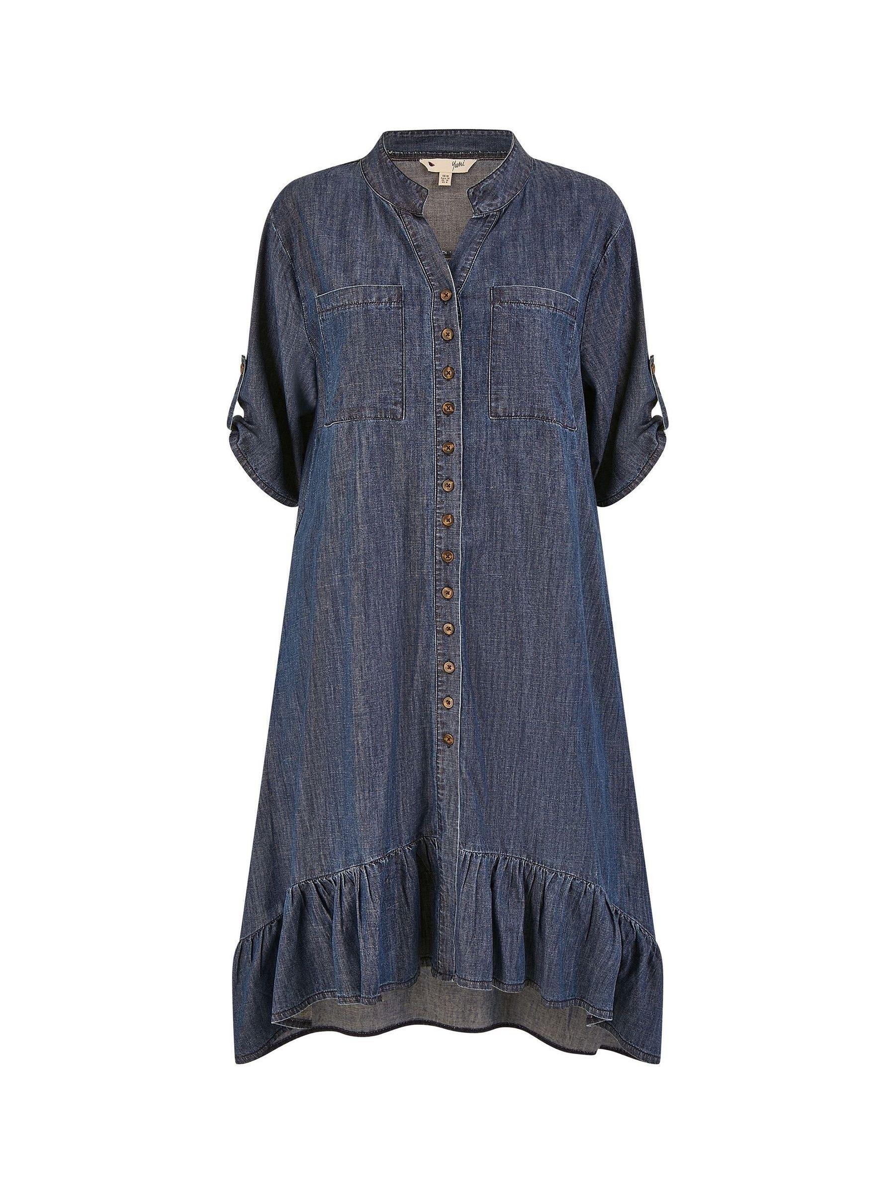 yumi denim dress Yumi Blue Chambray Denim Midi Dress With Embroidery And Puff Sleeves by Yumi