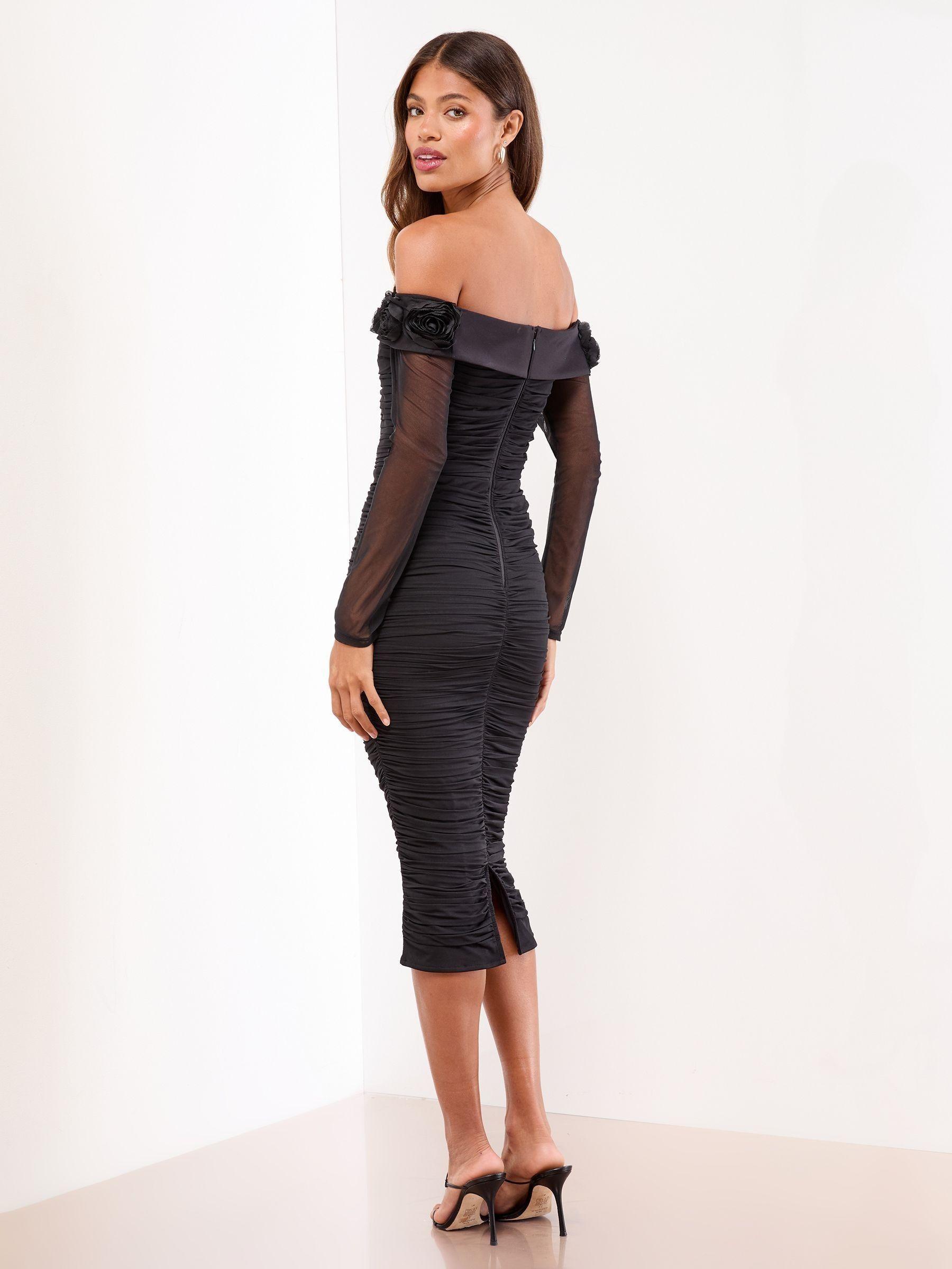 Lipsy Flower 3D Trim Bardot Long Sleeve Mesh Bodycon Midi Dress in Black |  Lyst
