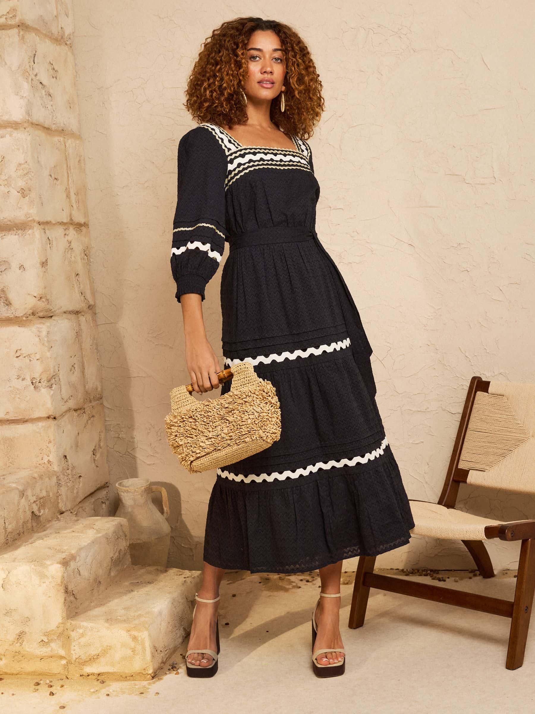 Love & Roses Ric Rac Trim Square Neck Midi Dress in Natural | Lyst