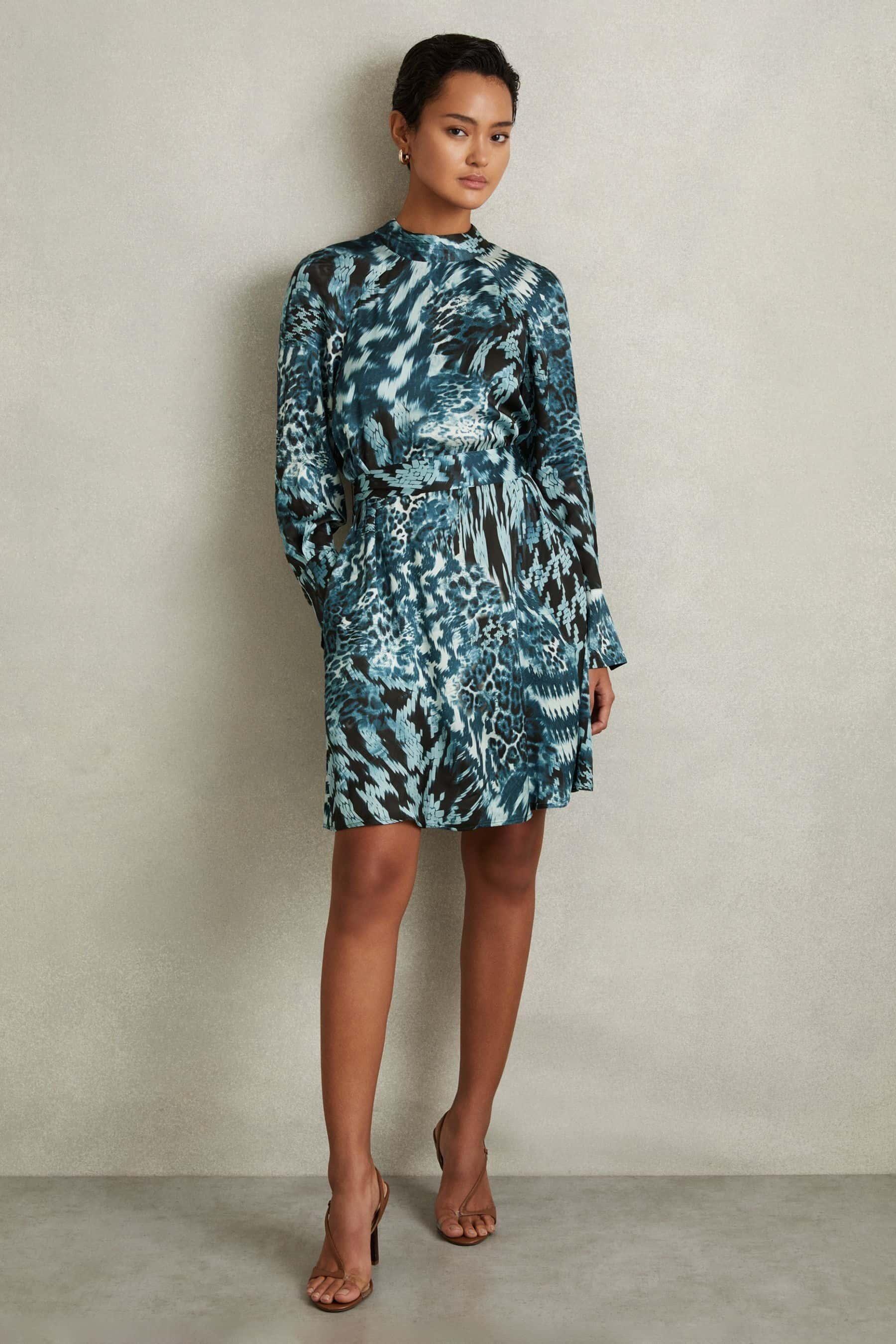 Reiss Printed Belted Tie Neck Mini Dress in Blue Lyst UK