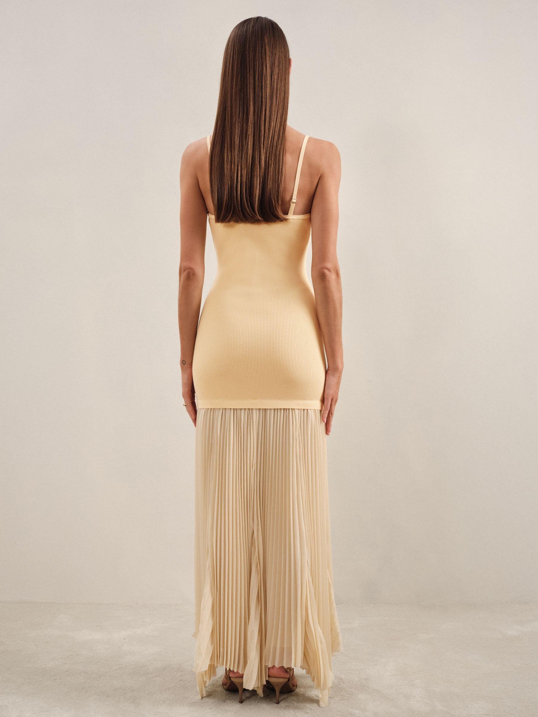 Reiss Milana - Yellow Pleated Skirt Ribbed Midi Dress, Us 14