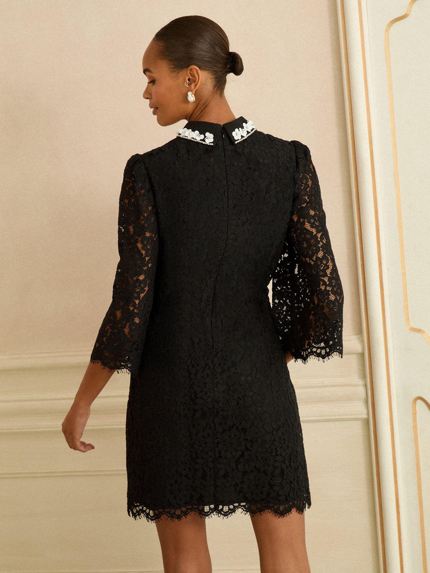 black lace dress with collar ANAYA EMBELLISHED COLLAR LACE MIDI DRESS in BLACK