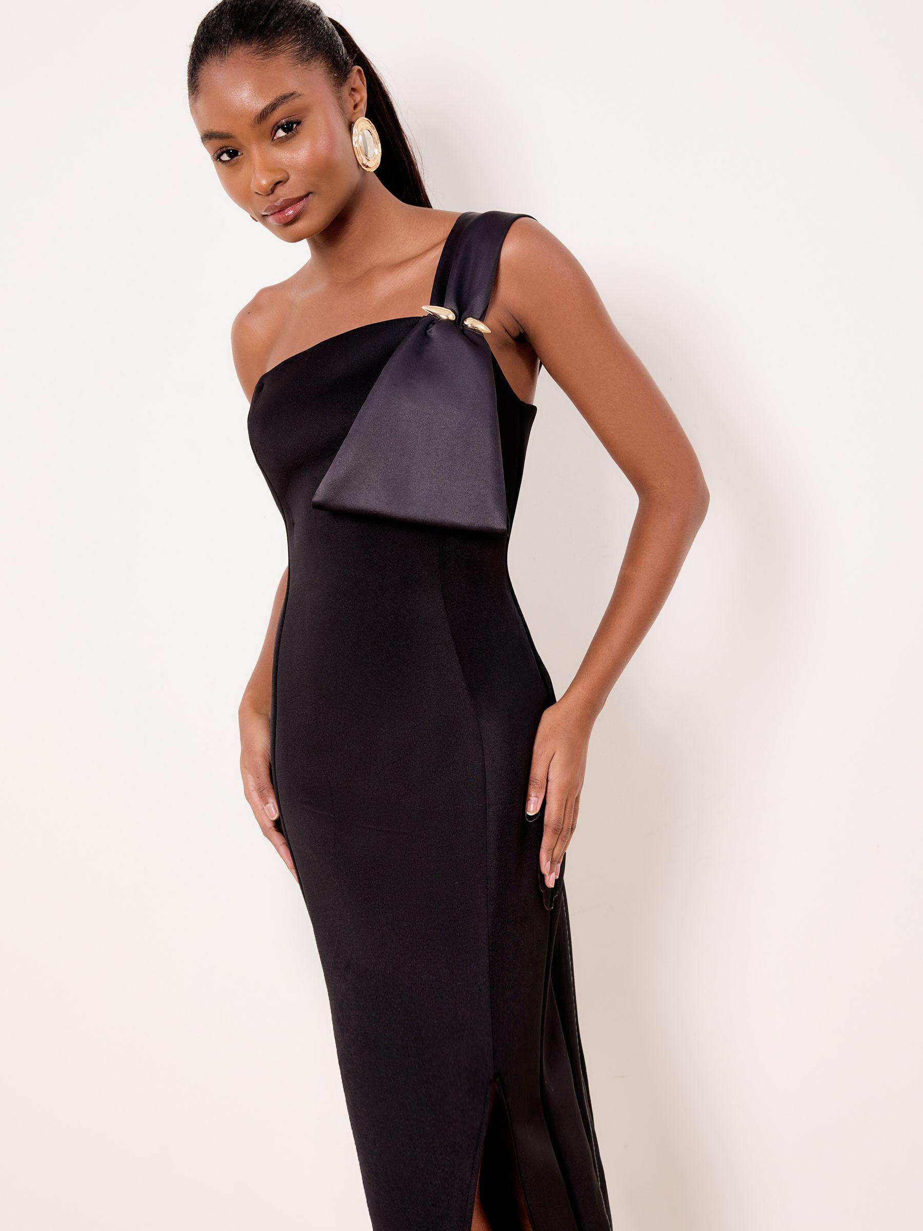 lipsy one shoulder two tone bodycon dress Asym Bow Midi in Natural with an inner lining