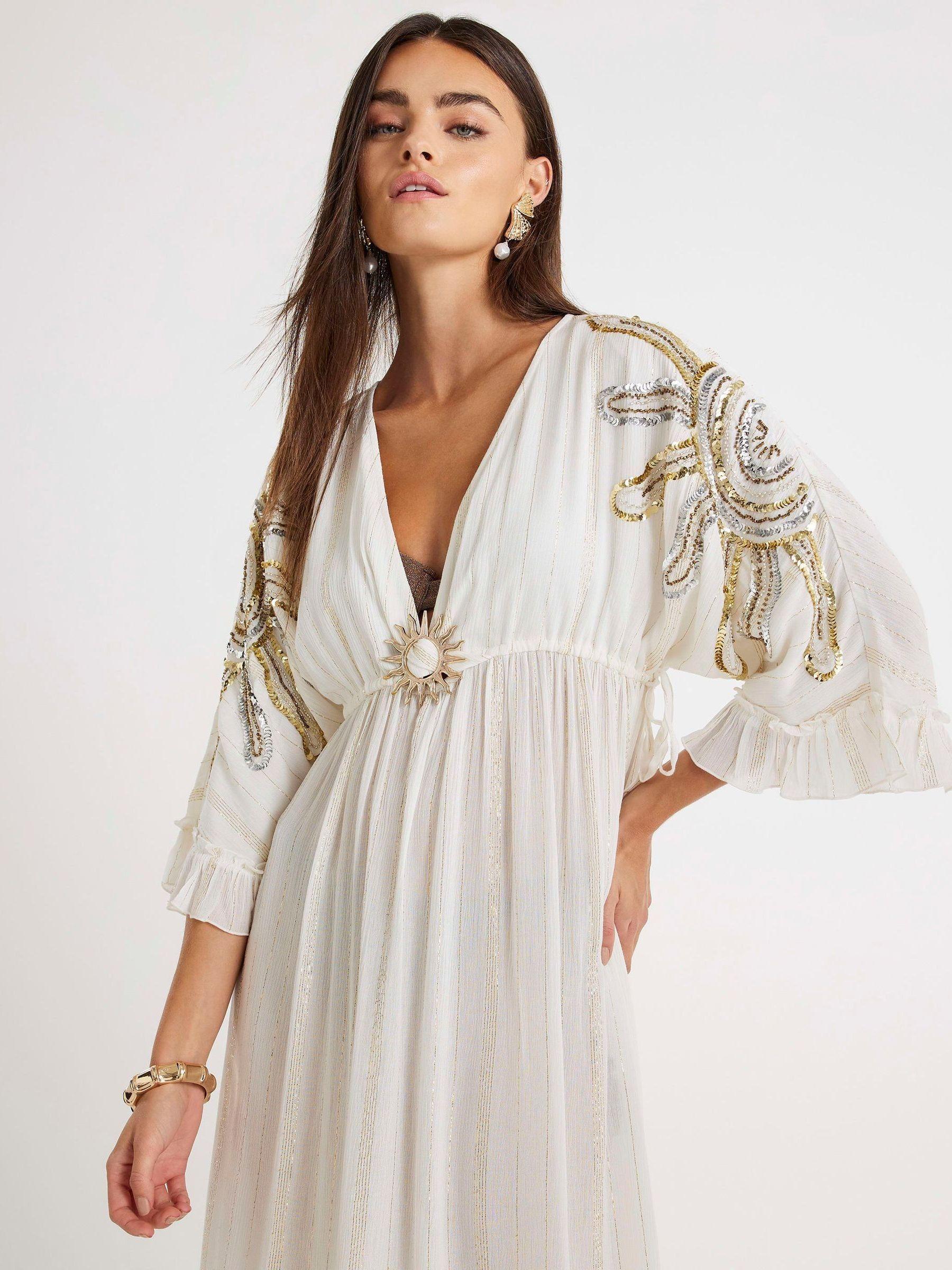 River Island Embellished Sun Detail Maxi Dress in White | Lyst