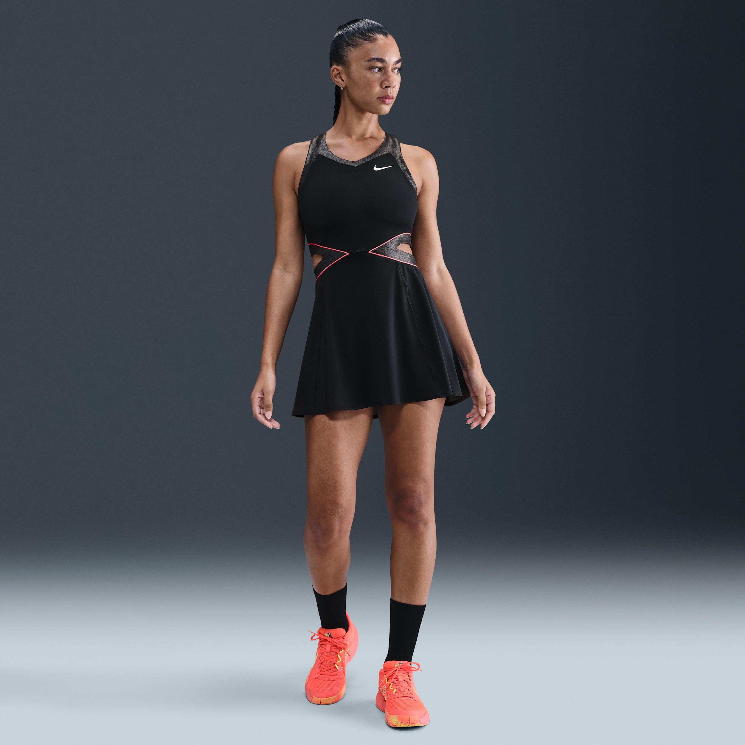 nike court dri fit slam dress NIKECOURT SLAM DRI-FIT TENNIS DRESS Make a splash at your next match with  this stretchy, surf-inspired tennis dress. In honour of the Happy Slam Down  Under, its ultra-smooth, sweat-wicking Dri-FIT fabric takes