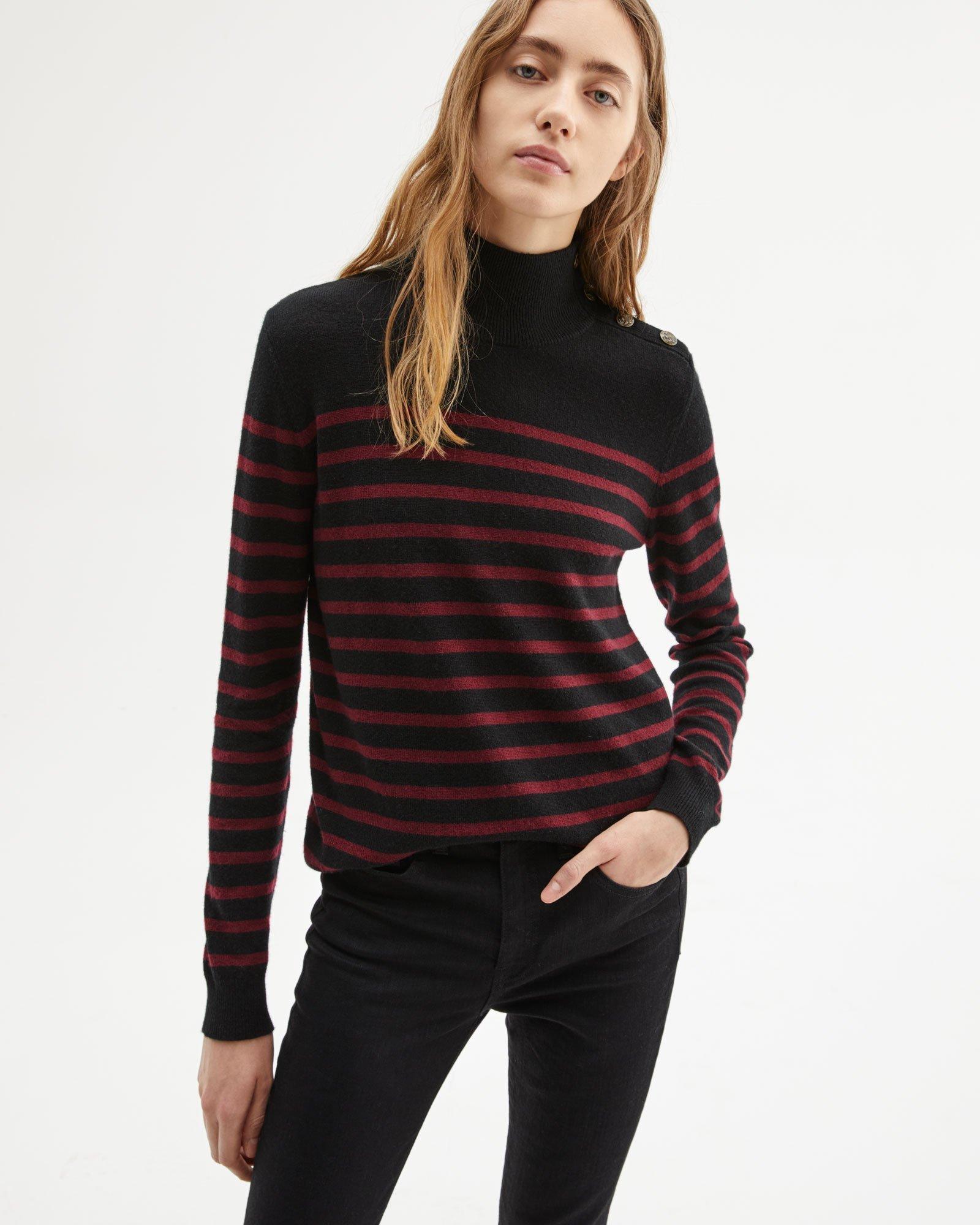 Nili Lotan Beale High-neck Striped Cashmere Sweater in Black w/ Merlot ...